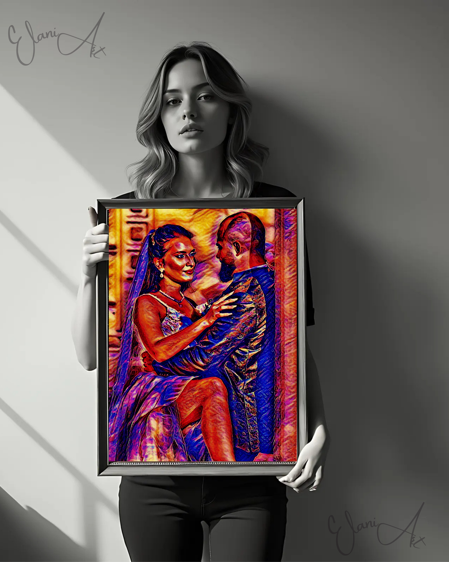 THE LIFE - An Original Vibrant Red Colorful Newly Married Couple Man Woman Bride in Wedding Dress Veil Leg Up Wall Artwork Print by ElaniArt