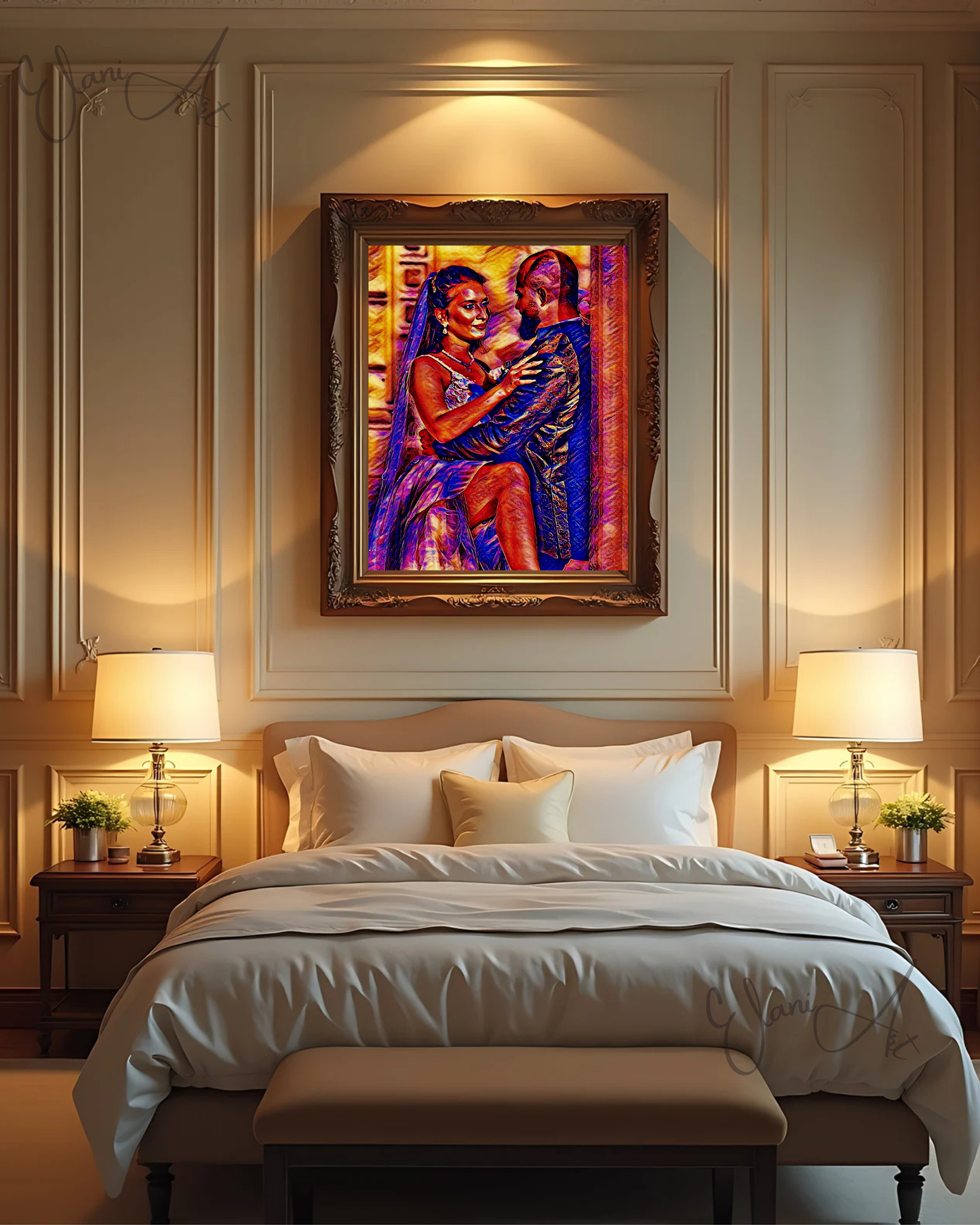 THE LIFE - An Original Vibrant Red Colorful Newly Married Couple Man Woman Bride in Wedding Dress Veil Leg Up Wall Artwork Print by ElaniArt