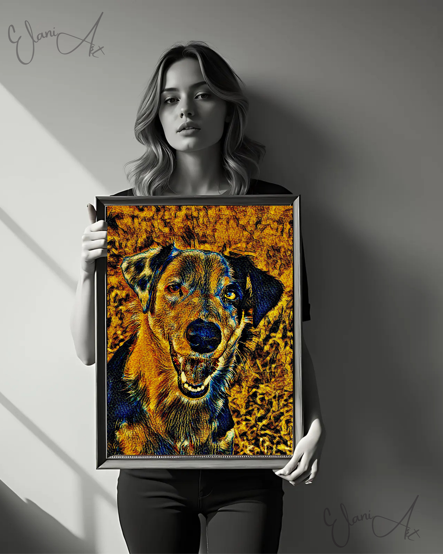 RUFUS - An Original Vibrant Brown Black Dog Pet Close-Up Portrait Open-Mouthed Happy Animal Impressionistic Wall Artwork Print by ElaniArt