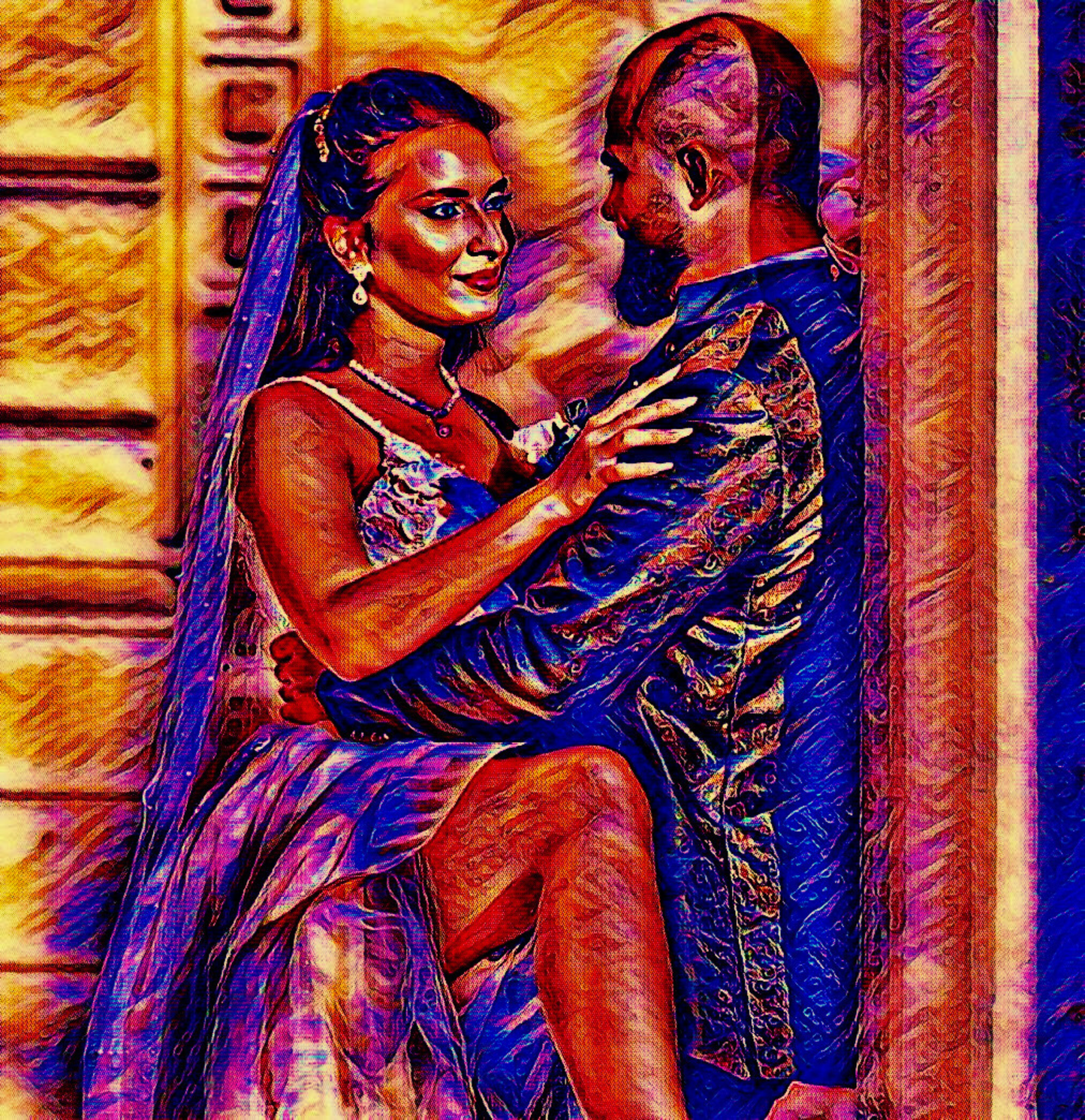 THE LIFE - An Original Vibrant Red Colorful Newly Married Couple Man Woman Bride in Wedding Dress Veil Leg Up Wall Artwork Print by ElaniArt