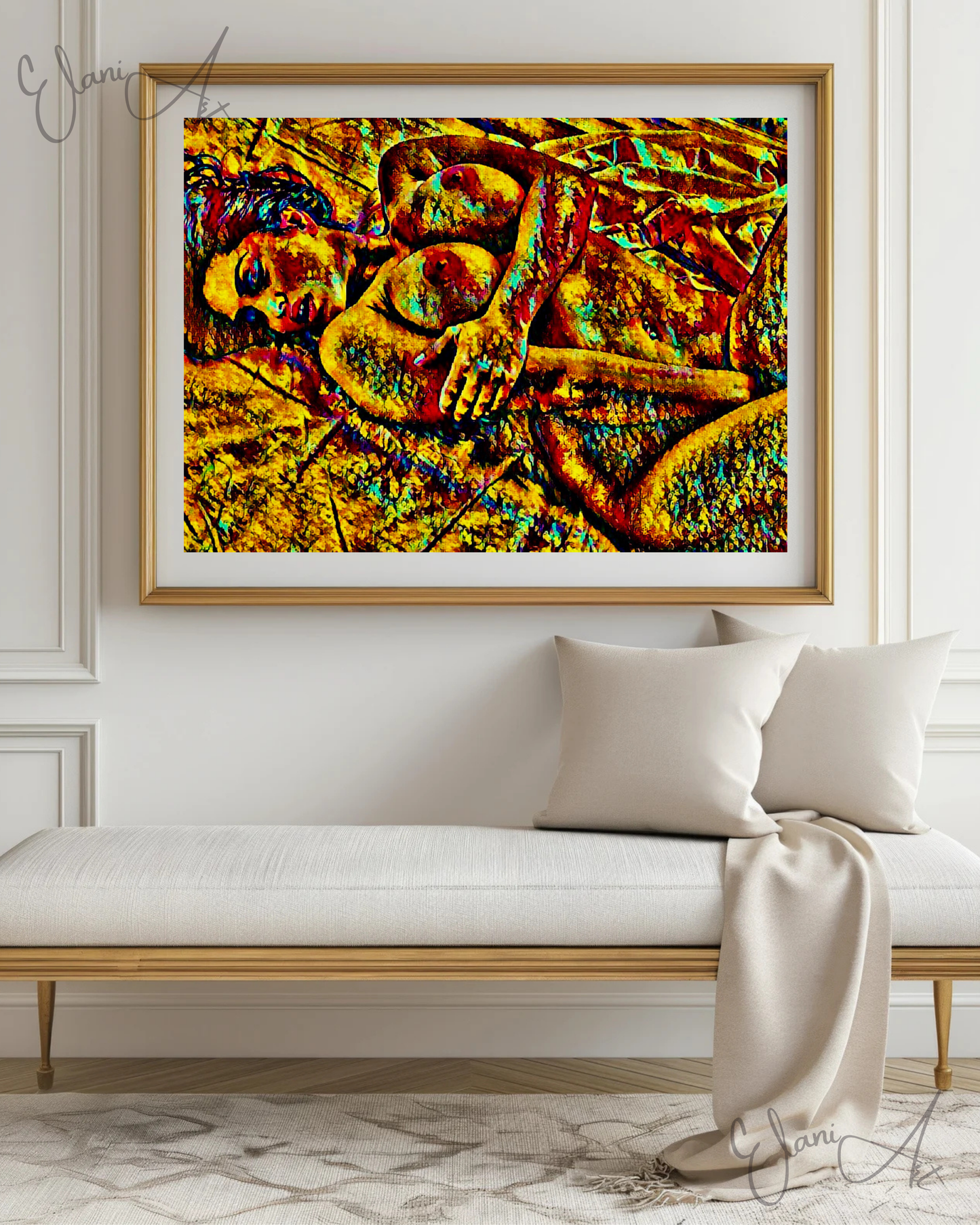 SELF PLEASURE - An Original Vibrant Bronze Erotic Woman Nude Pleasure Portrait Impressionistic Wall Artwork Print - Erotic Art by ElaniArt