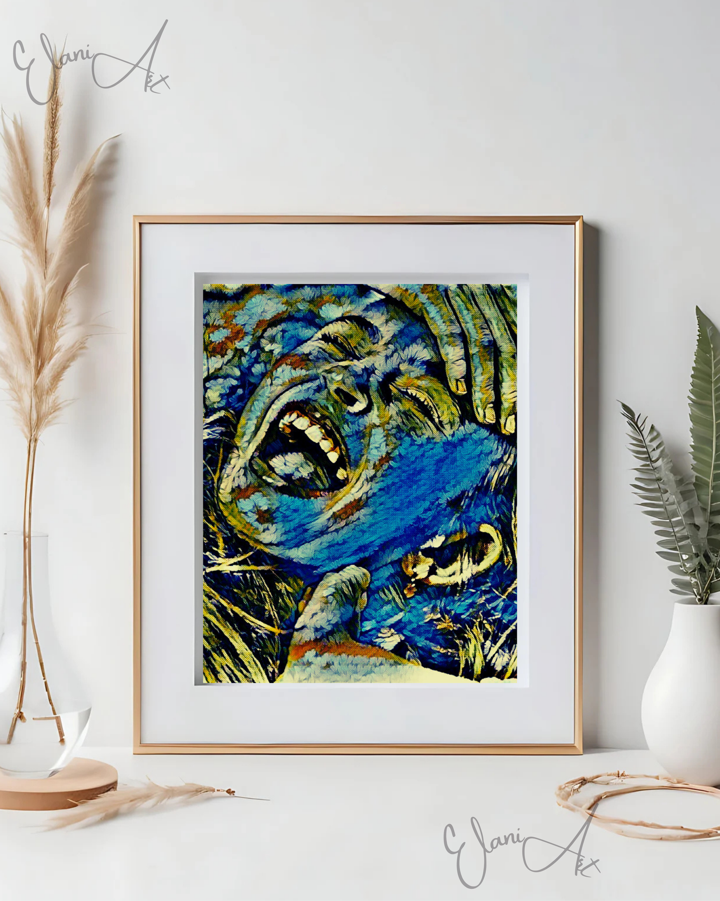 AMUSING - An Original Vibrant Blue Colorful Woman Laughing Hand on Head Open-Mouth Eyes Closed Impressionistic Artwork Print by ElaniArt