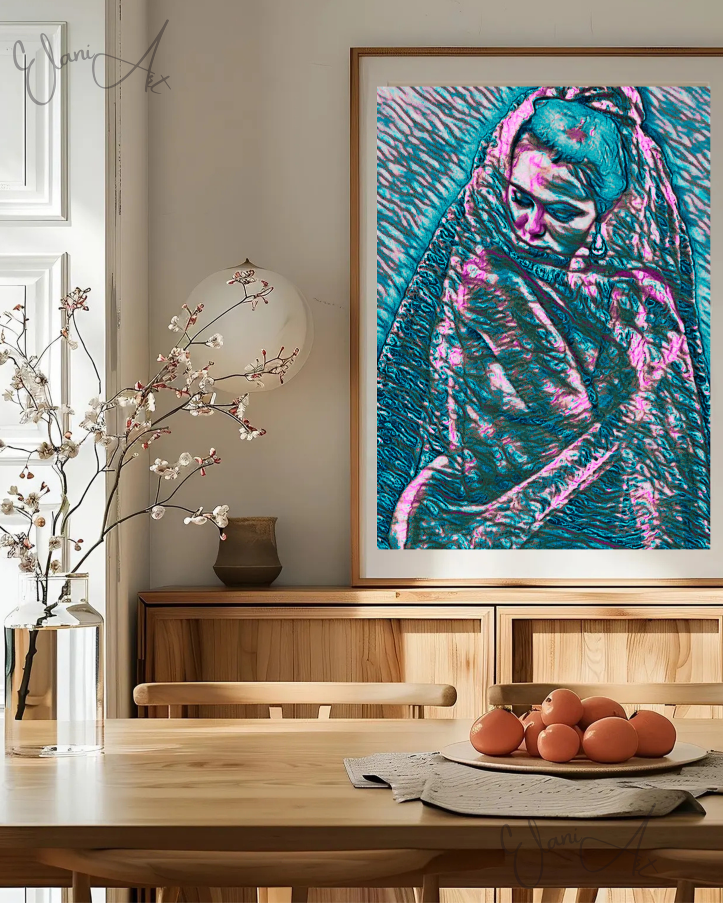THE VEILED WOMAN - An Original Vibrant Teal Pink Colorful Woman w/ Veil Portrait Looking Downward Impressionistic Artwork Print by ElaniArt