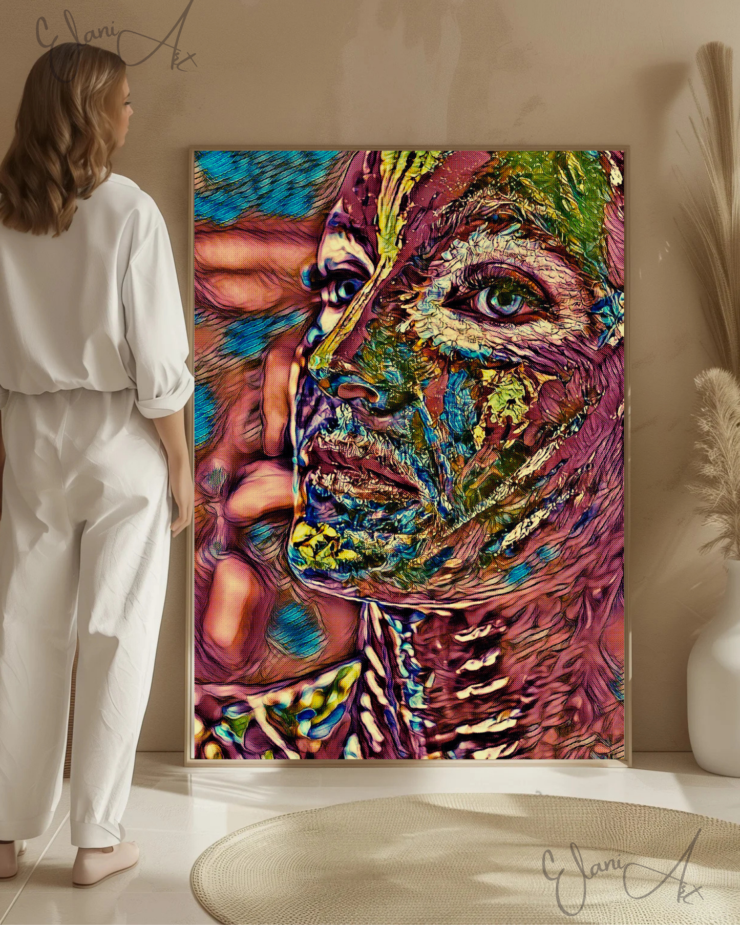 FEATHERED FRIEND - An Original Vibrant Pink Colorful Woman Feathered Face Portrait Blue Eyes Impressionistic Wall Artwork Print by ElaniArt