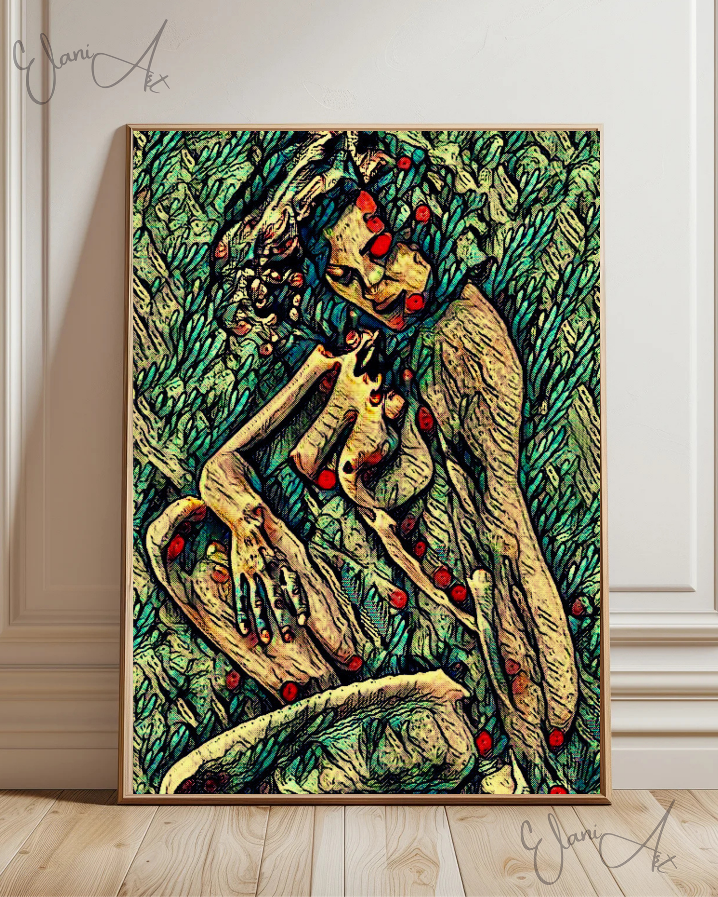 LUCIANA - An Original Vivid Green Plant-Like Erotic Woman Nude Sitting Portrait Impressionistic Wall Artwork Print - Erotic Art by ElaniArt