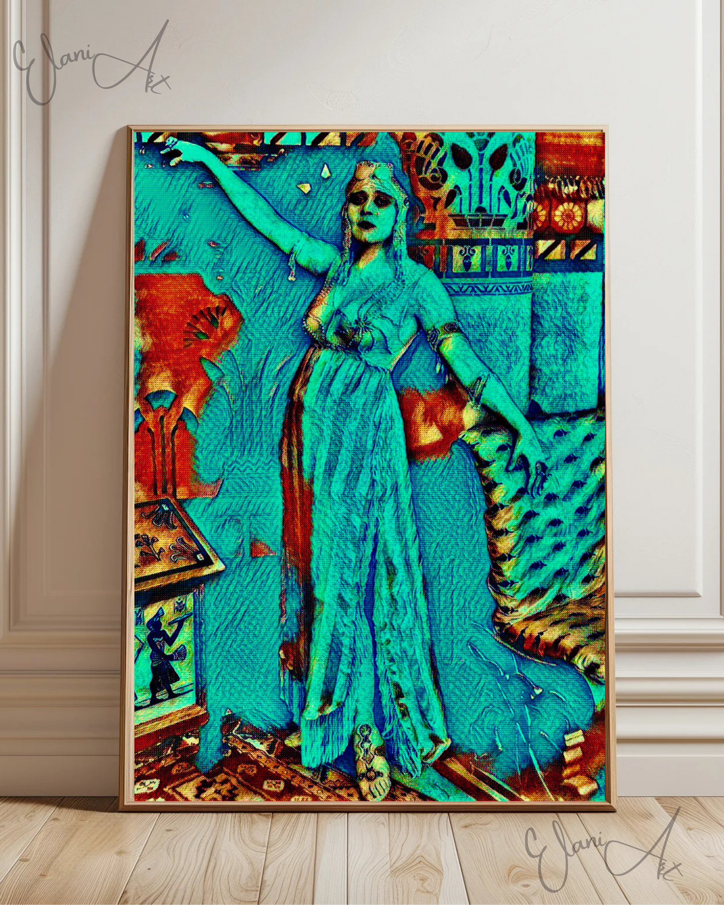 THE ELITE - An Original Vibrant Blue Colorful Ancient Egyptian Noblewoman Dress Gown Portrait Impressionistic Wall Artwork Print by ElaniArt