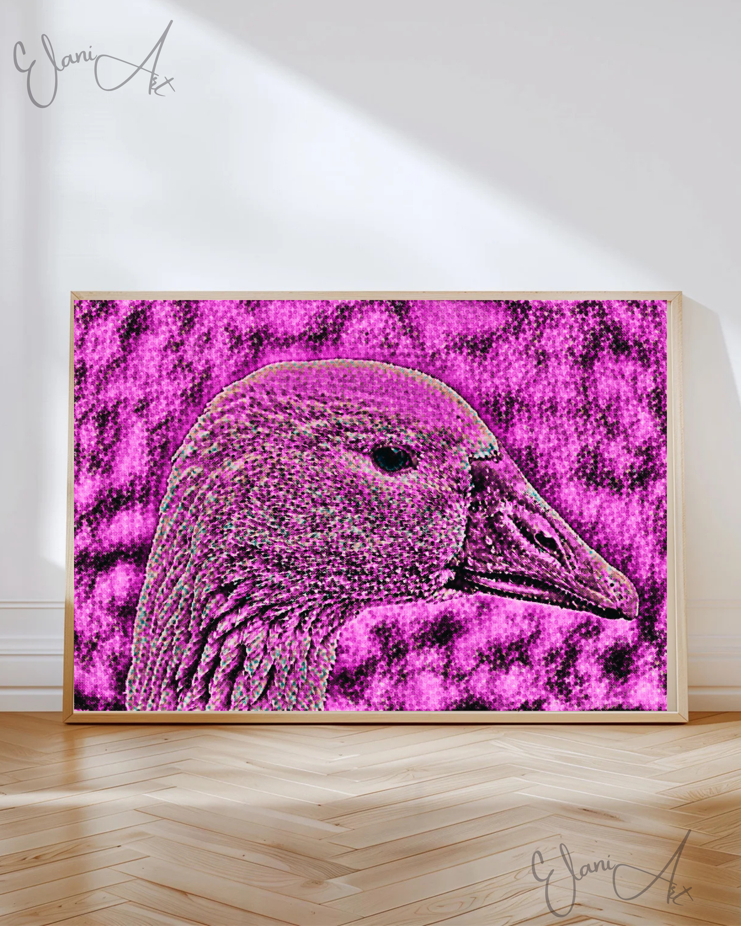 THE DUCK - An Original Vibrant Colorful Pink Duck Bird Waterfowl Feathers Close-Up Portraiture Impressionistic Artwork Print by ElaniArt