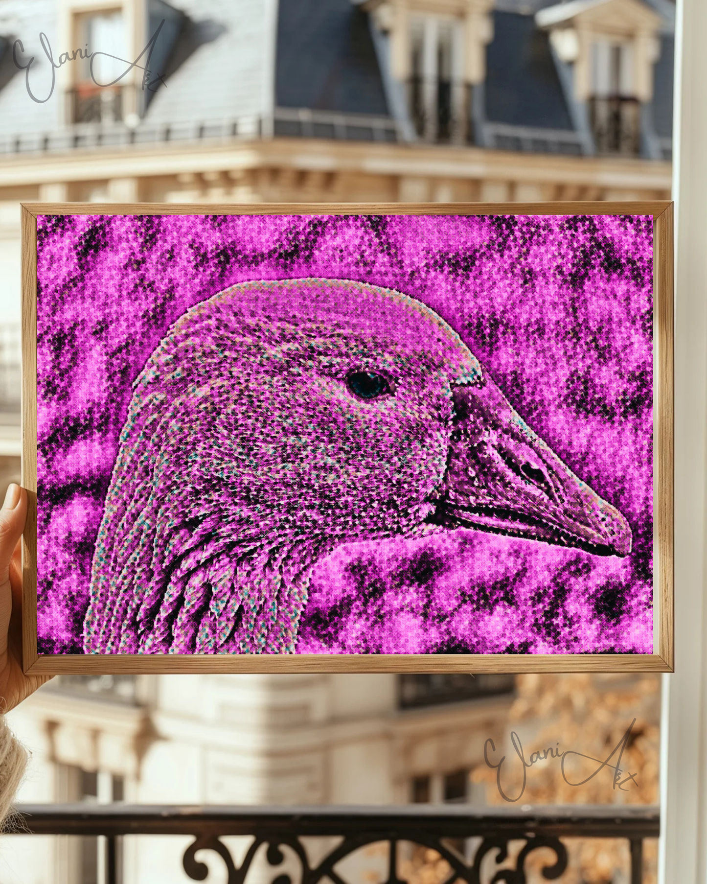 THE DUCK - An Original Vibrant Colorful Pink Duck Bird Waterfowl Feathers Close-Up Portraiture Impressionistic Artwork Print by ElaniArt