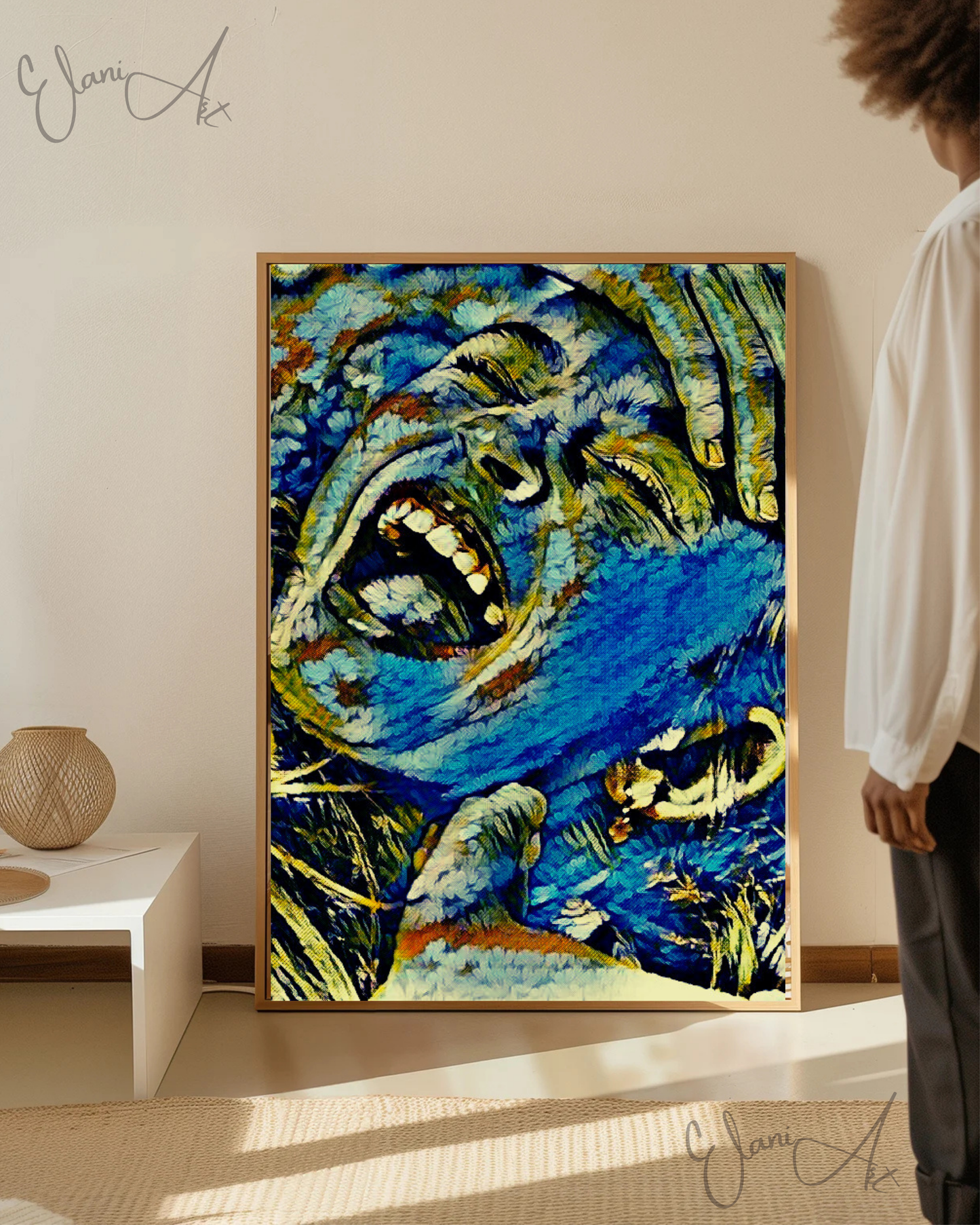 AMUSING - An Original Vibrant Blue Colorful Woman Laughing Hand on Head Open-Mouth Eyes Closed Impressionistic Artwork Print by ElaniArt