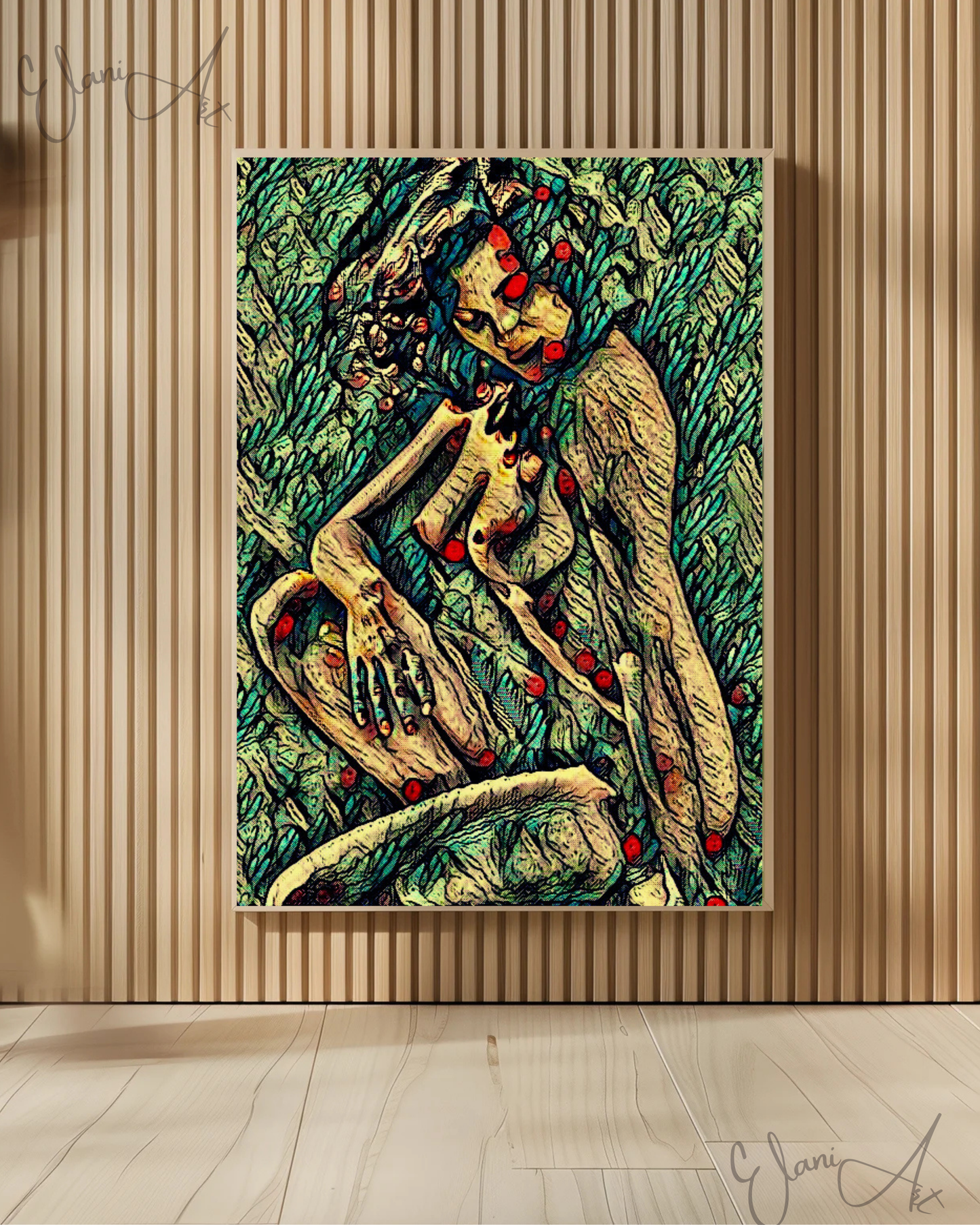 LUCIANA - An Original Vivid Green Plant-Like Erotic Woman Nude Sitting Portrait Impressionistic Wall Artwork Print - Erotic Art by ElaniArt