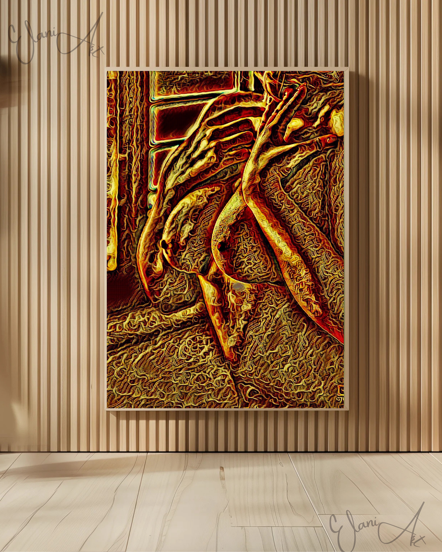SENSUAL - An Original Vibrant Bronze Gold Erotic Nude Woman Hands For Reaching Neck Impressionistic Artwork Print - Erotic Art by ElaniArt