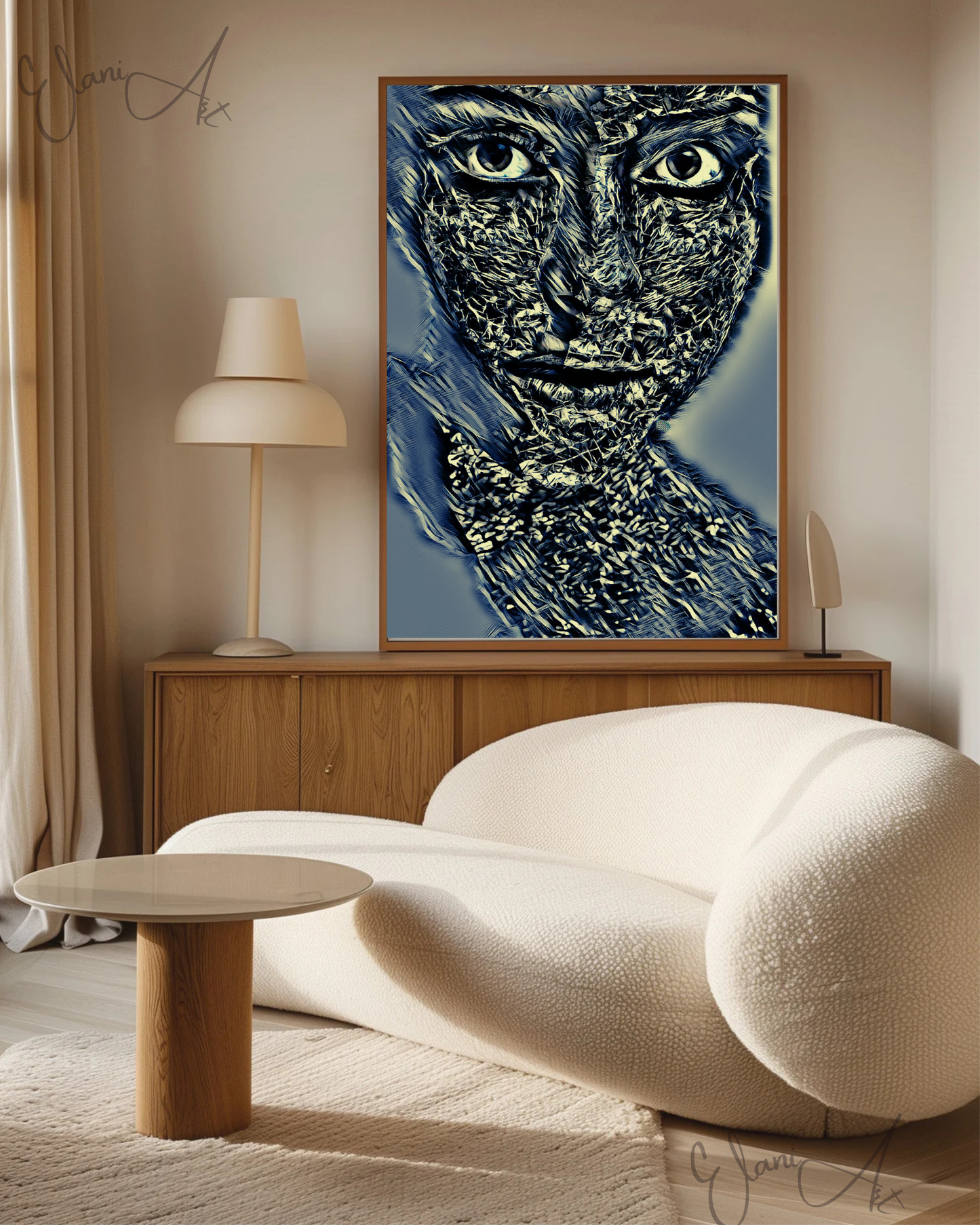 THE SILVER MIRAGE - An Original Vivid Silver Woman Face Crinkled Foil Portraiture Gray Eyes Impressionistic Wall Artwork Print by ElaniArt