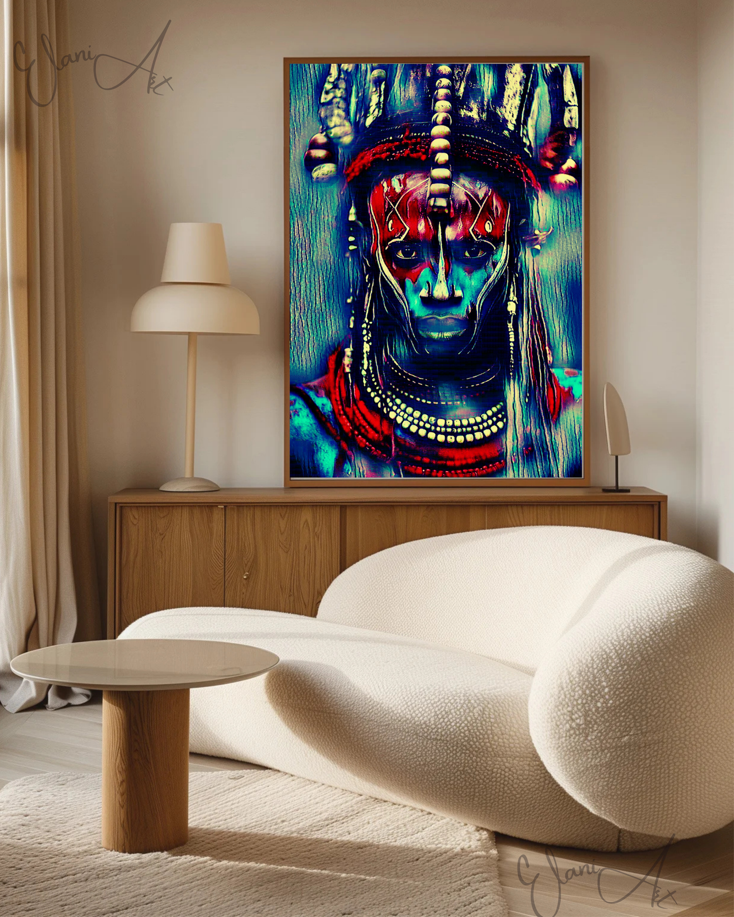 HABARI - An Original Vibrant Blue Red 19th Century Tribal Warrior African Man Portraiture Impressionistic Wall Artwork Print by ElaniArt