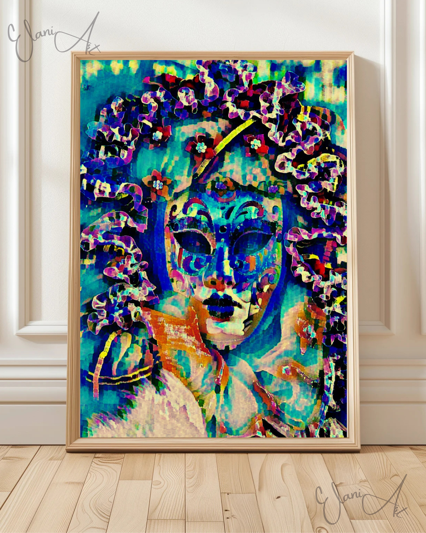 HERS - An Original Vibrant Blue Venetian Theatrical Masquerade Carnival Festival Face Mask Impressionistic Wall Artwork Print by ElaniArt