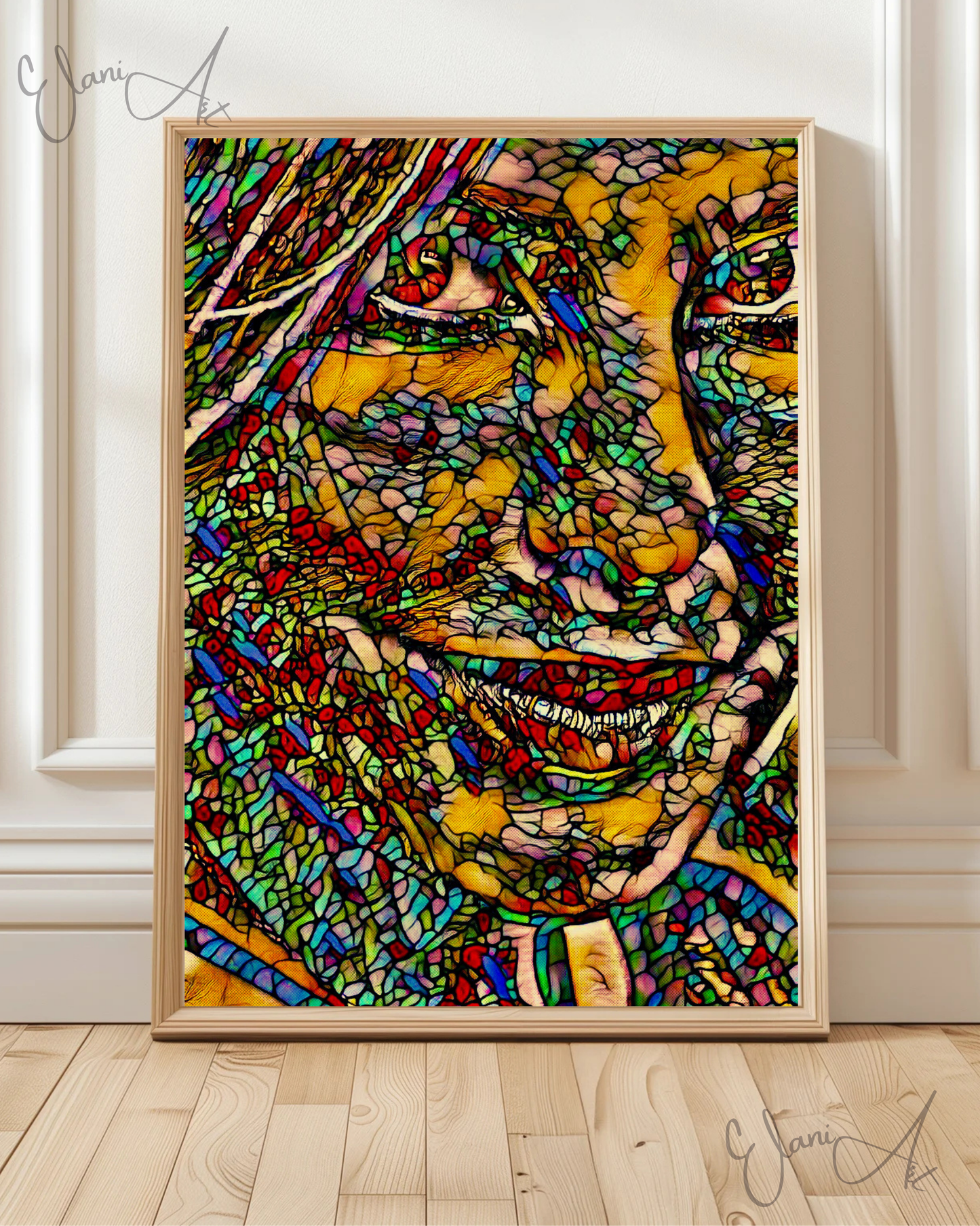 AND YOU? - An Original Vibrant Colorful Woman Portraiture Face Smile Stained Glass Mosaic Impressionistic Wall Artwork Print by ElaniArt