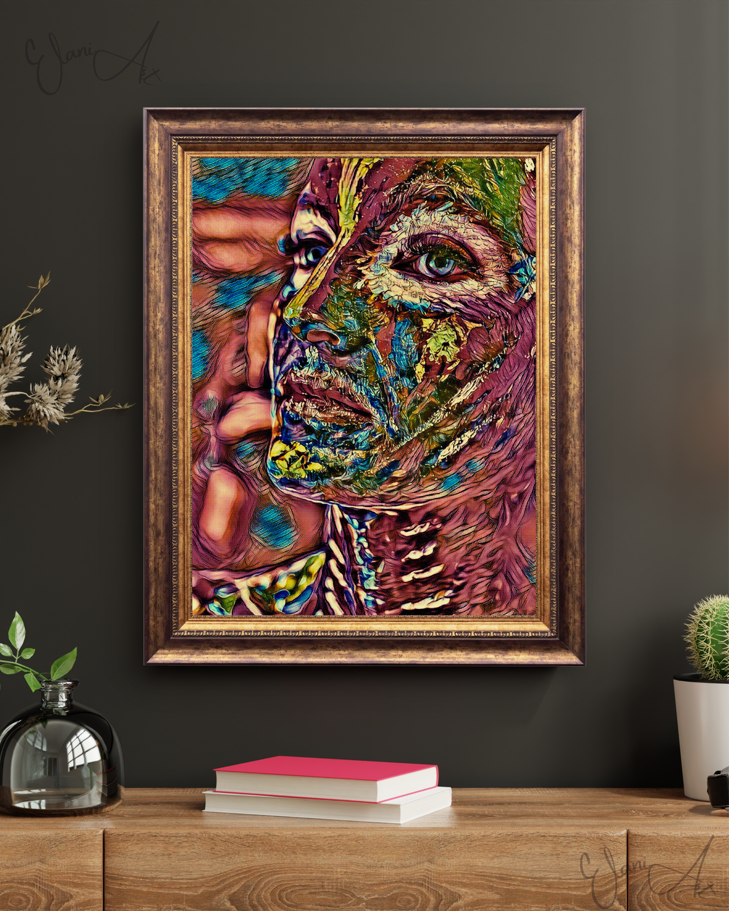 FEATHERED FRIEND - An Original Vibrant Pink Colorful Woman Feathered Face Portrait Blue Eyes Impressionistic Wall Artwork Print by ElaniArt