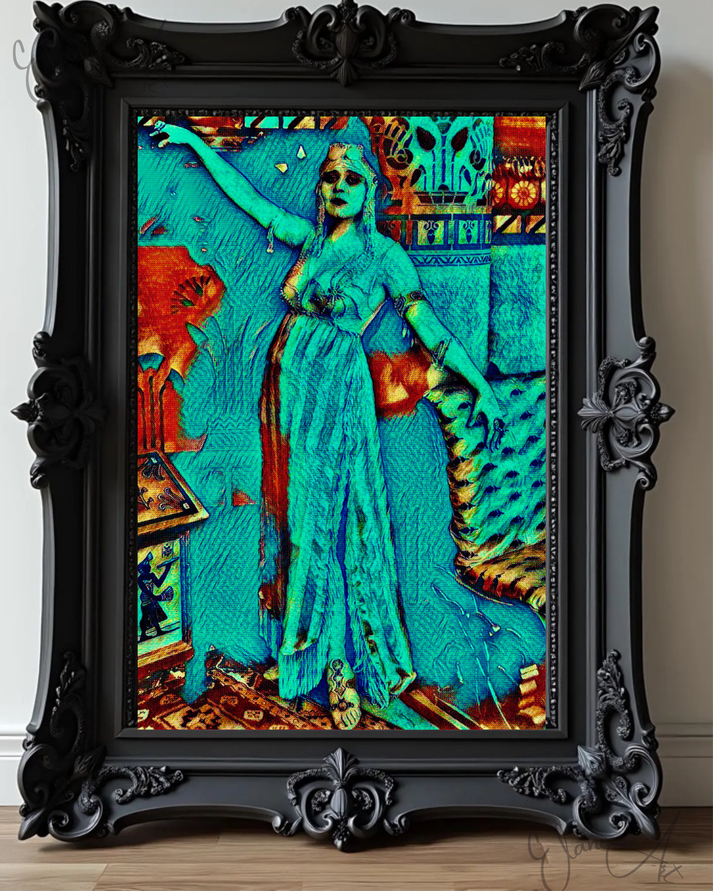 THE ELITE - An Original Vibrant Blue Colorful Ancient Egyptian Noblewoman Dress Gown Portrait Impressionistic Wall Artwork Print by ElaniArt