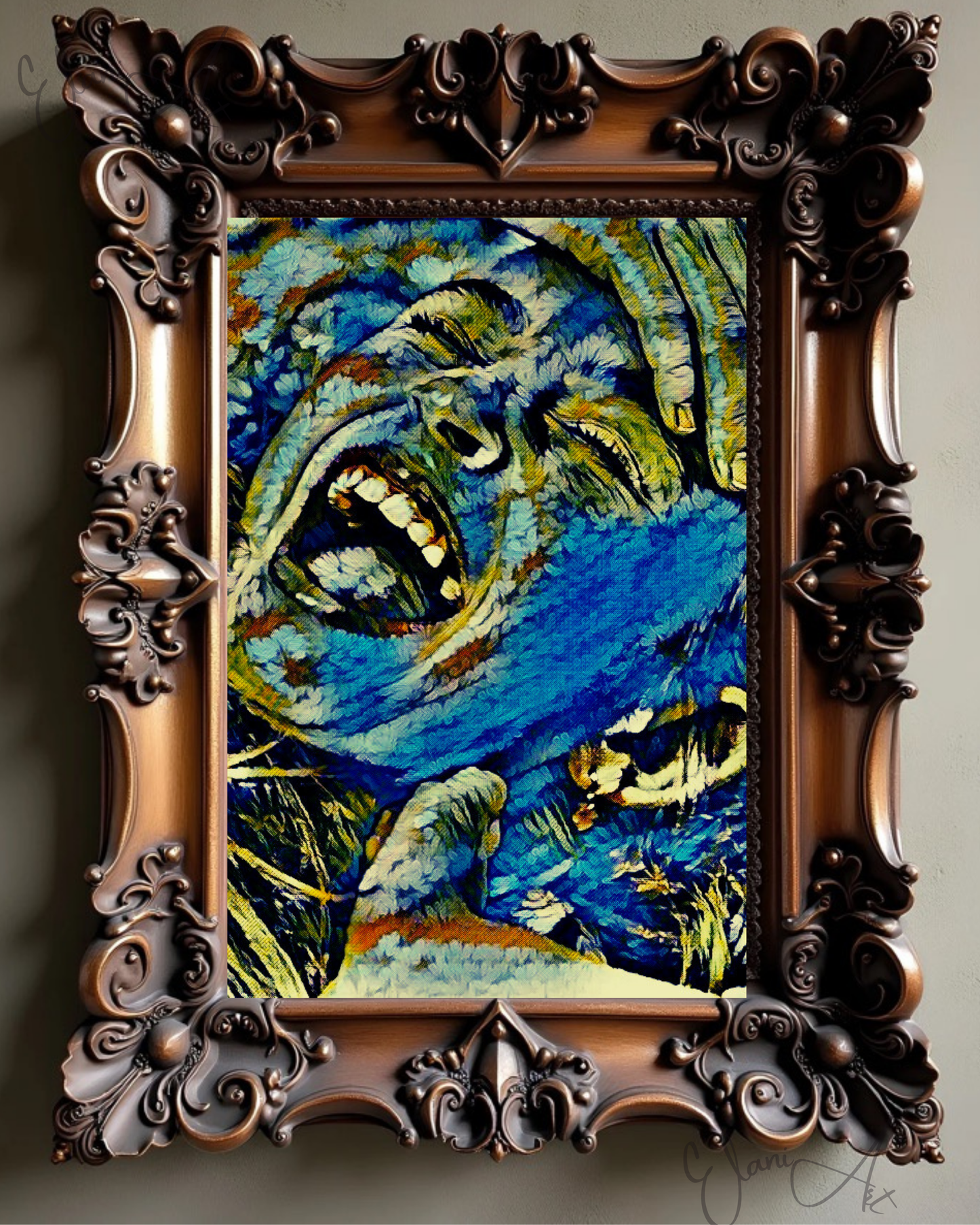 AMUSING - An Original Vibrant Blue Colorful Woman Laughing Hand on Head Open-Mouth Eyes Closed Impressionistic Artwork Print by ElaniArt