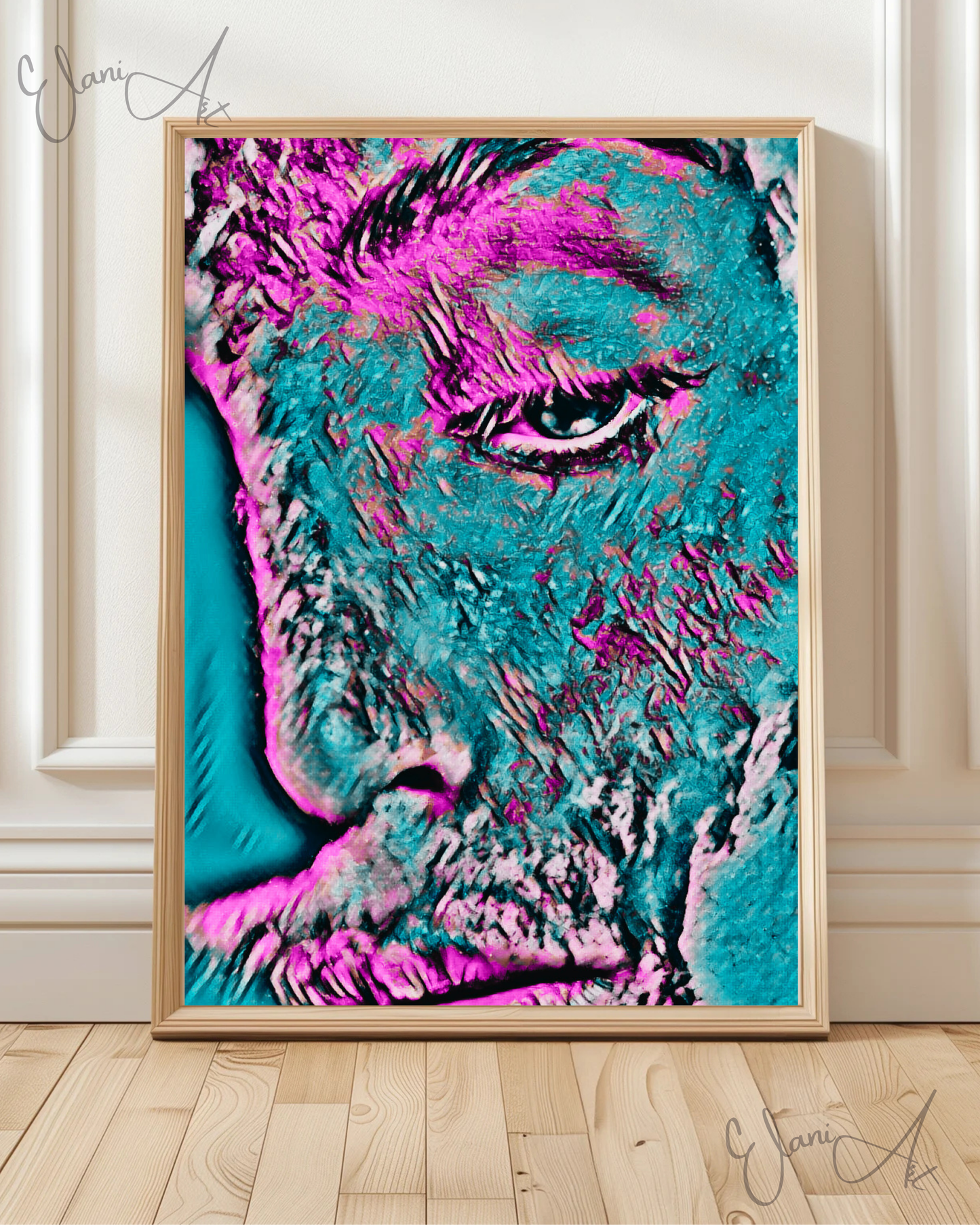 ABOUT FACE - An Original Vibrant Pink Blue Colorful Woman Half-Face Portrait Looking Downward Impressionistic Wall Artwork Print by ElaniArt