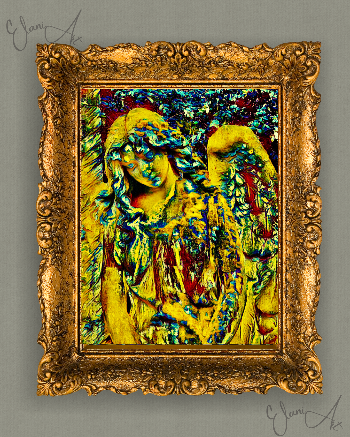 AN ANGEL - An Original Vivid Gold Blue Colorful Angel in the Garden Statuesque Wings Portrait Impressionistic Wall Artwork Print by ElaniArt