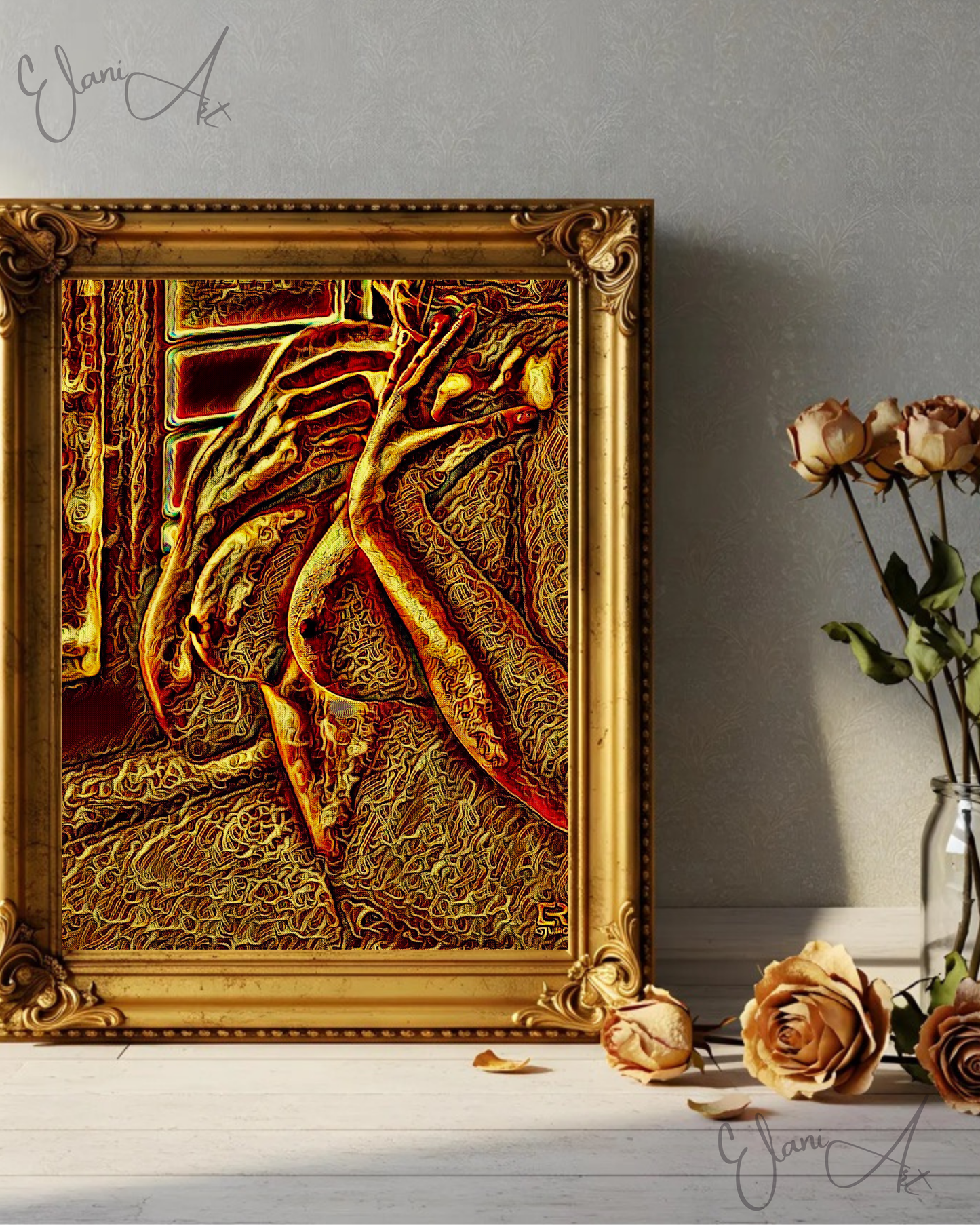 SENSUAL - An Original Vibrant Bronze Gold Erotic Nude Woman Hands For Reaching Neck Impressionistic Artwork Print - Erotic Art by ElaniArt