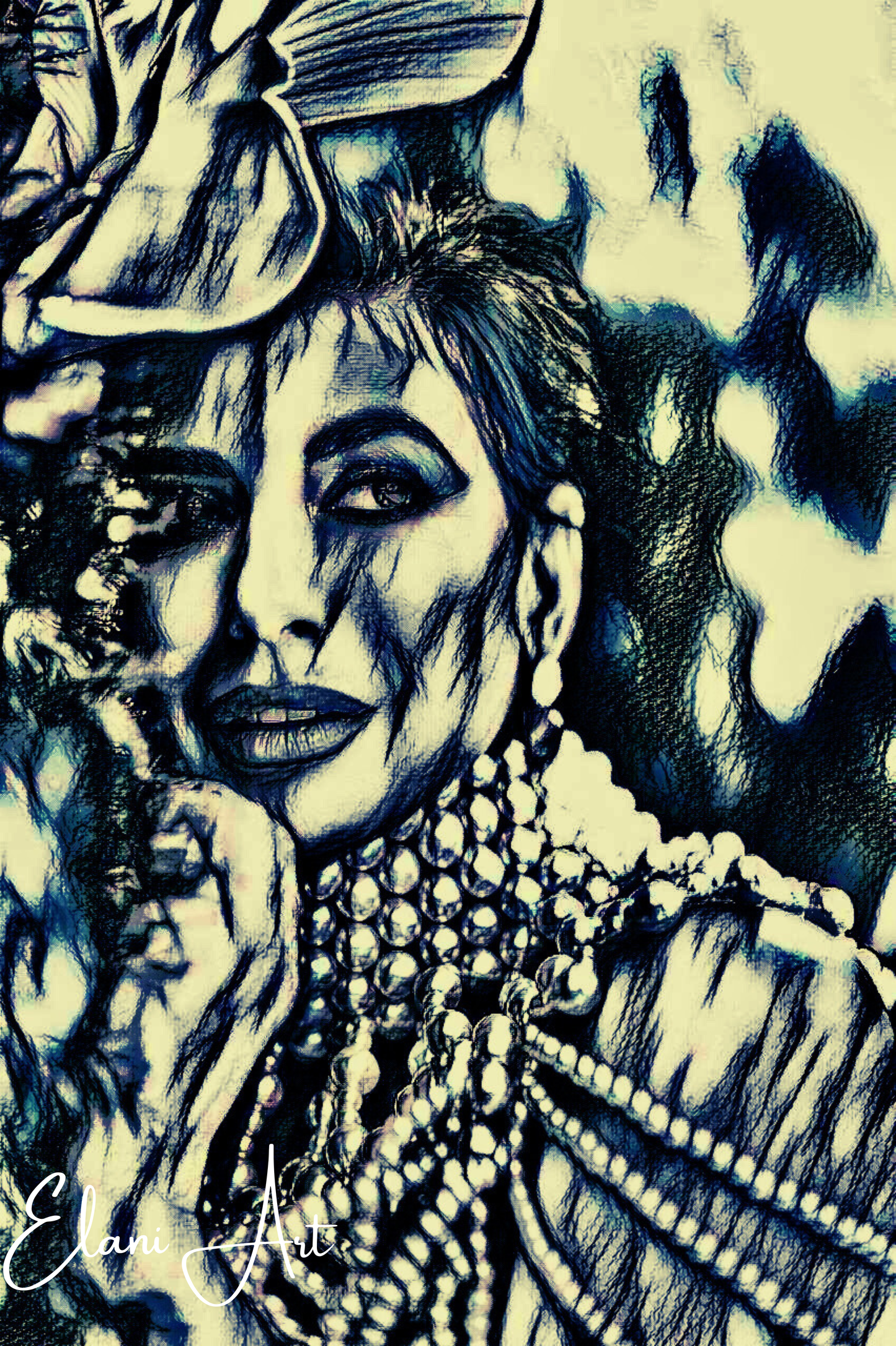 PEARLA - An Original Vivid Black Ivory Blue Woman with Hat and Pearls Portraiture Art Deco Impressionistic Wall Artwork Print by ElaniArt