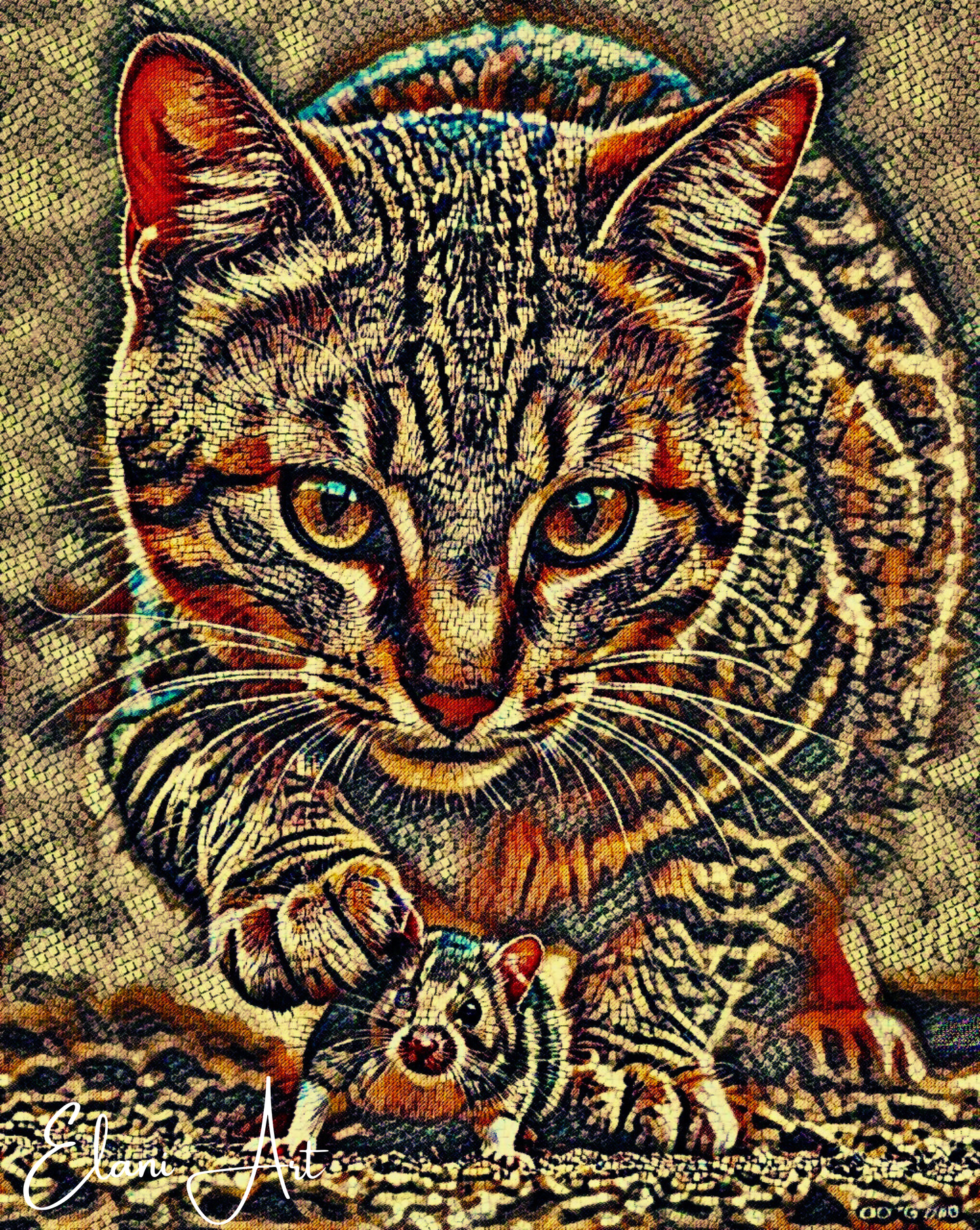 CAT AND MOUSE - An Original Brown Vibrant Cat Catching a Mouse Paws Mosaic Animal Portraiture Impressionistic Wall Artwork Print by ElaniArt