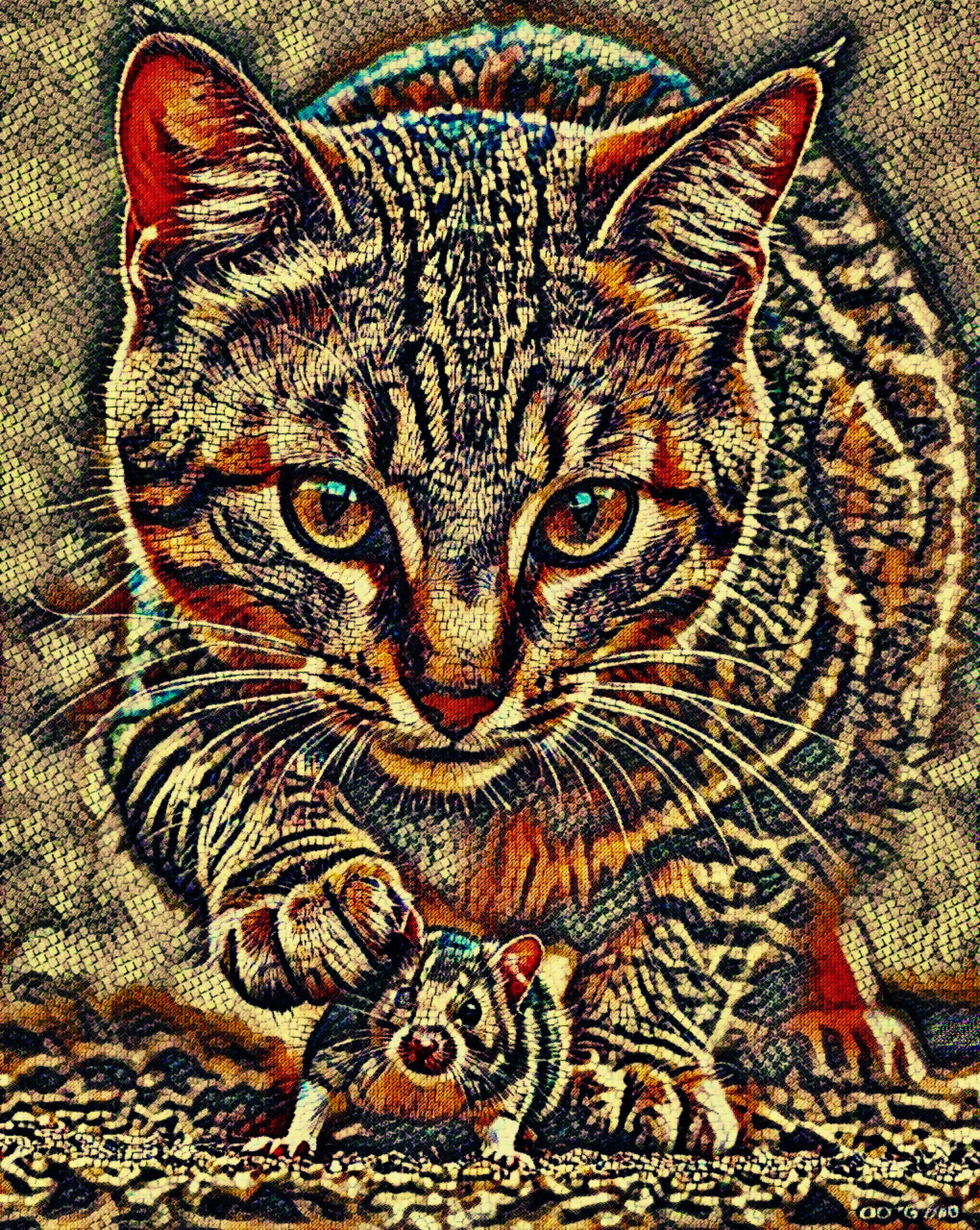 CAT AND MOUSE - An Original Brown Vibrant Cat Catching a Mouse Paws Mosaic Animal Portraiture Impressionistic Wall Artwork Print by ElaniArt