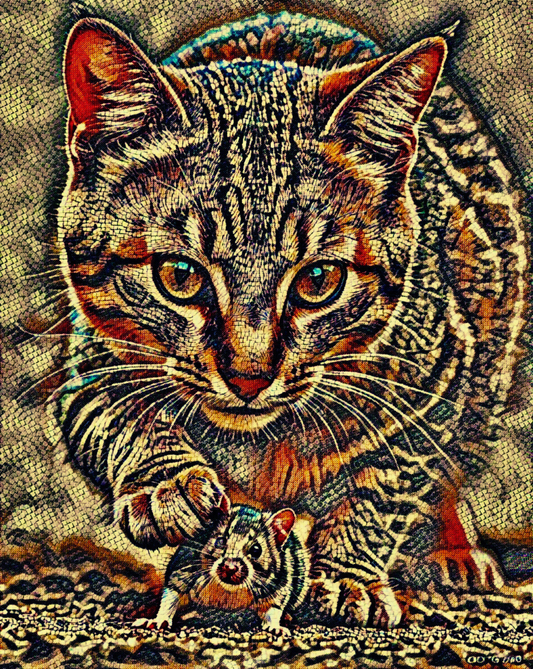 CAT AND MOUSE - An Original Brown Vibrant Cat Catching a Mouse Paws Mosaic Animal Portraiture Impressionistic Wall Artwork Print by ElaniArt