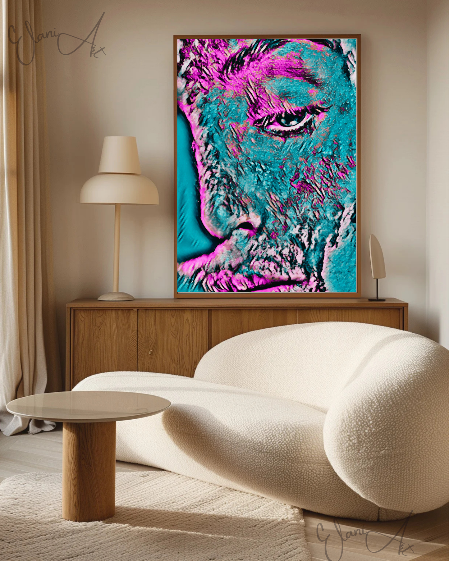 ABOUT FACE - An Original Vibrant Pink Blue Colorful Woman Half-Face Portrait Looking Downward Impressionistic Wall Artwork Print by ElaniArt