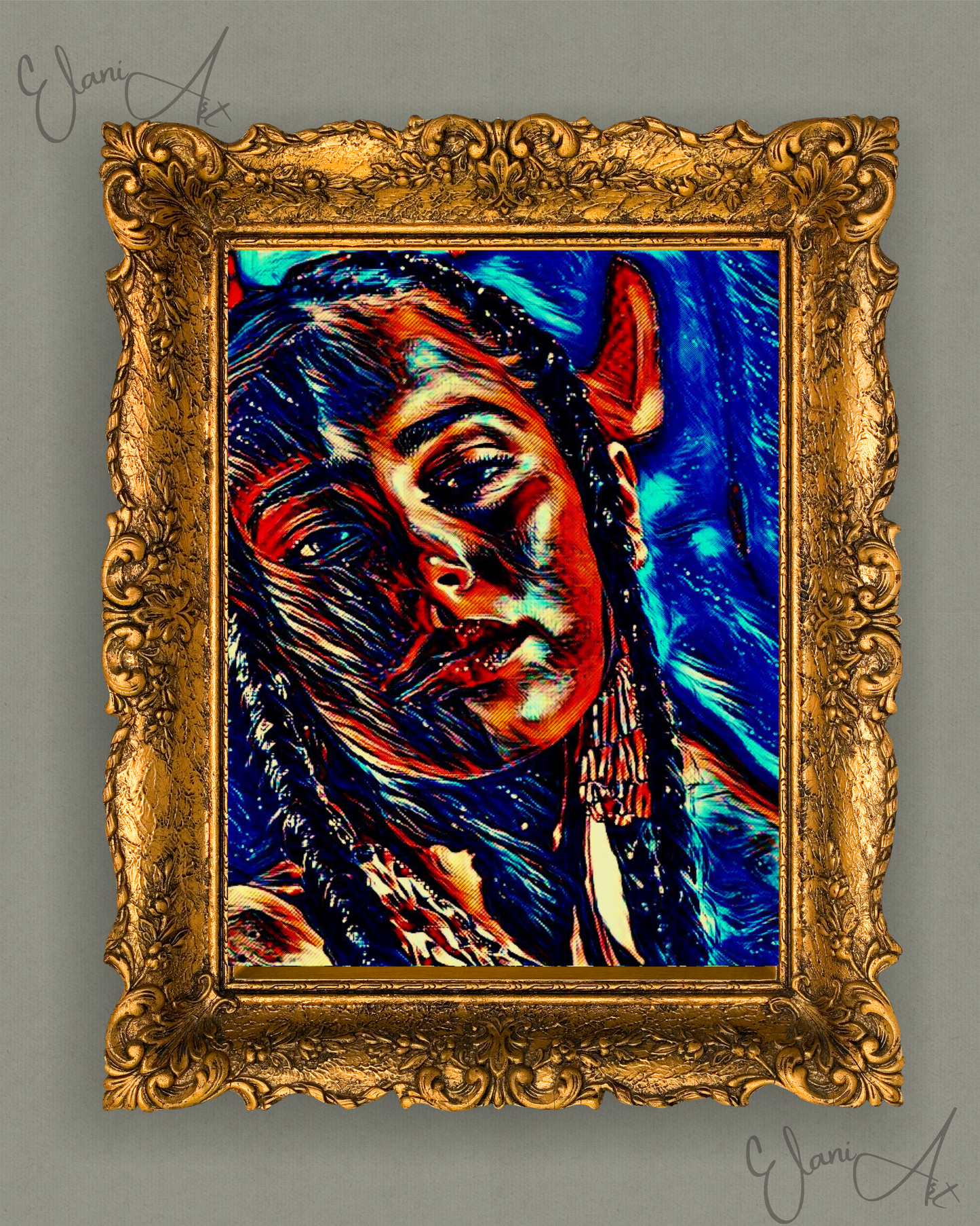 WHISPER - An Original Vibrant Blue Brown Colorful Woman's Face Portrait Brown Eyes Braids Impressionistic Wall Artwork Print by ElaniArt