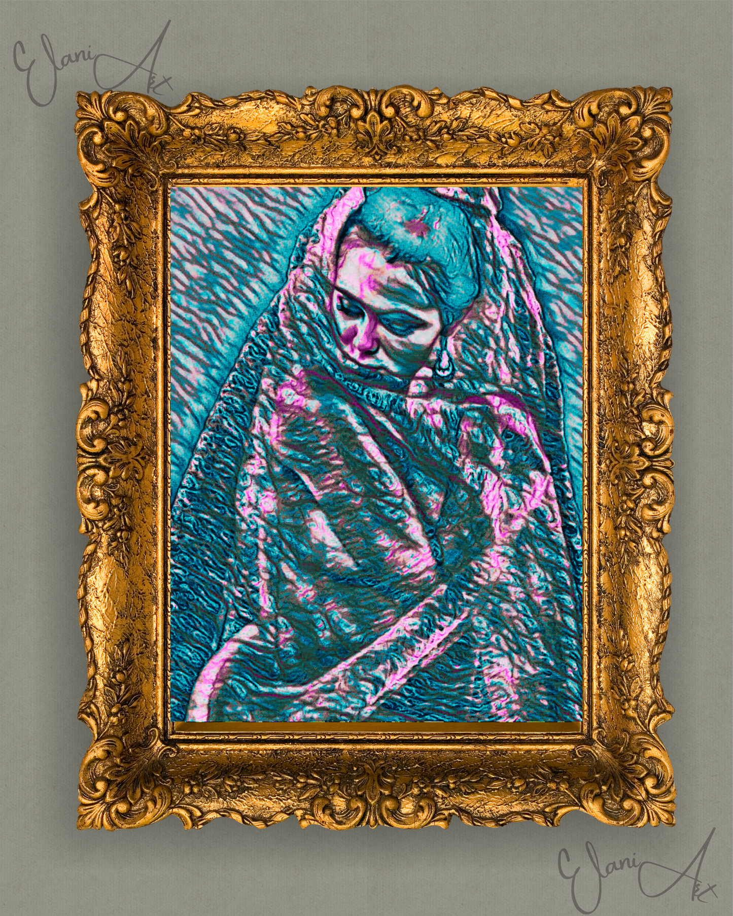 THE VEILED WOMAN - An Original Vibrant Teal Pink Colorful Woman w/ Veil Portrait Looking Downward Impressionistic Artwork Print by ElaniArt