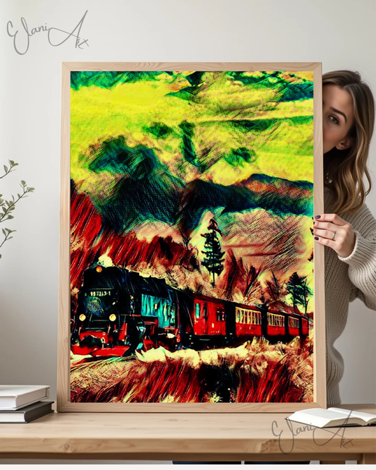 THE LOCOMOTIVE - An Original Vibrant Vintage Black Red Colorful Steam Train Forested Landscape Impressionistic Artwork Print by ElaniArt