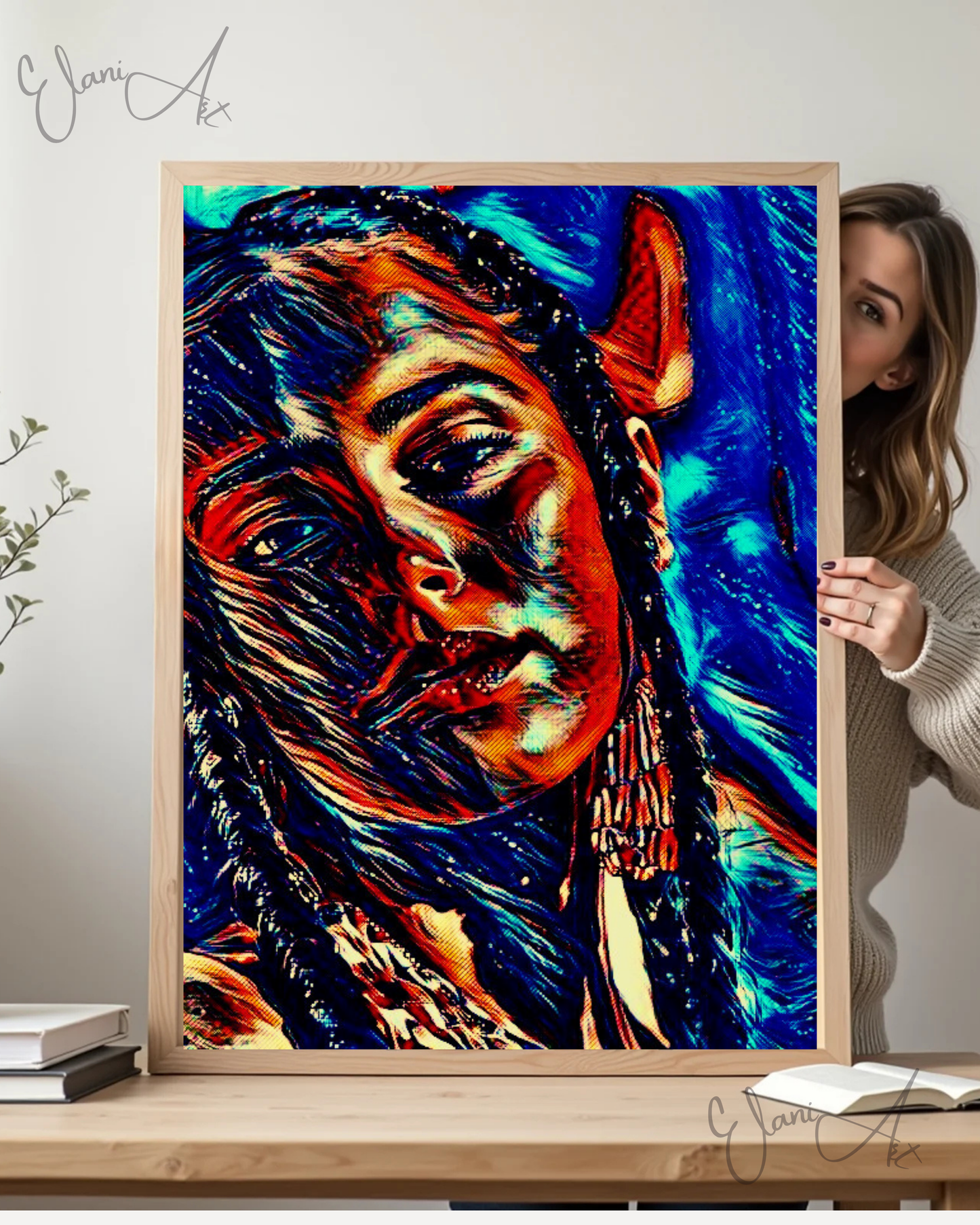 WHISPER - An Original Vibrant Blue Brown Colorful Woman's Face Portrait Brown Eyes Braids Impressionistic Wall Artwork Print by ElaniArt