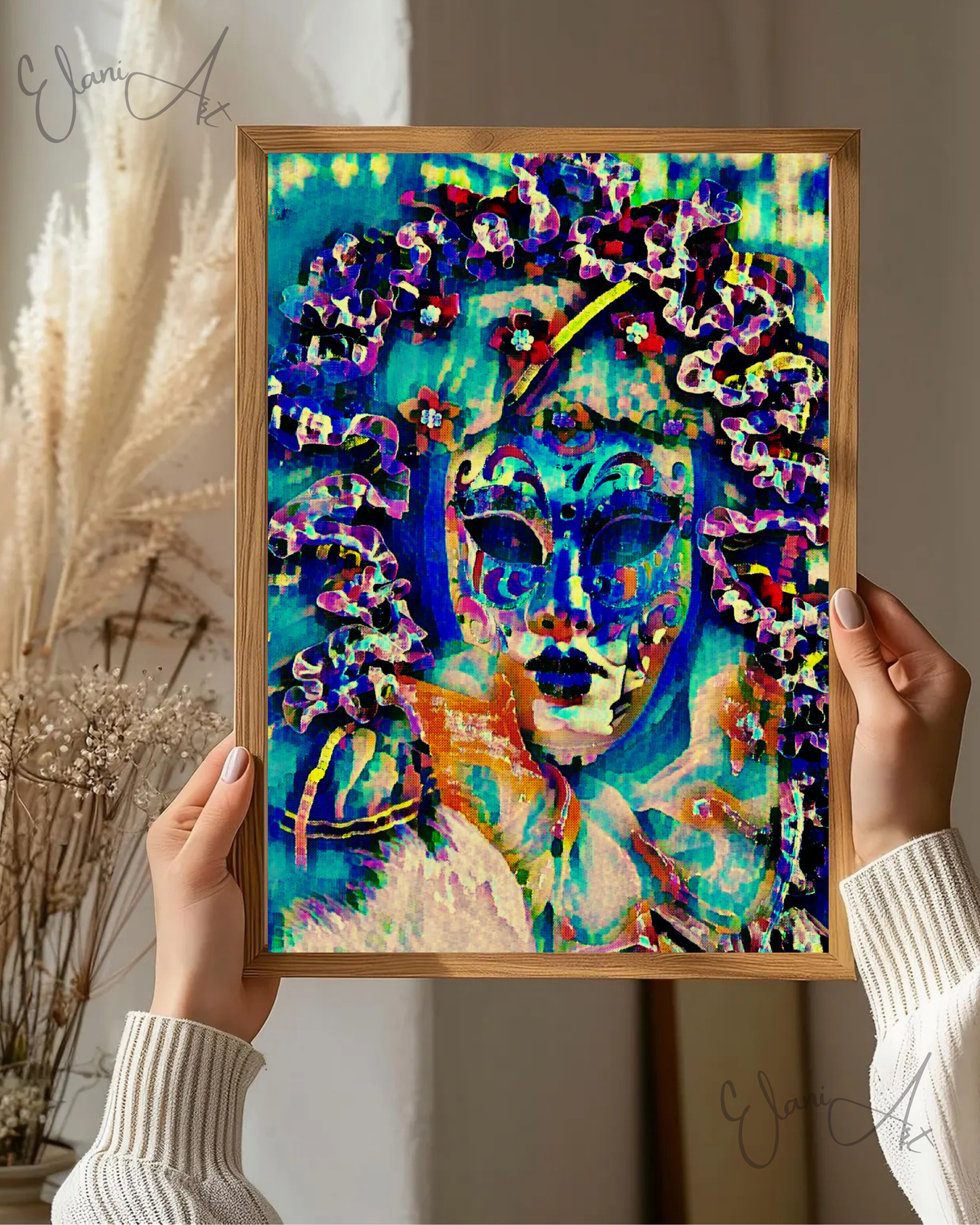HERS - An Original Vibrant Blue Venetian Theatrical Masquerade Carnival Festival Face Mask Impressionistic Wall Artwork Print by ElaniArt