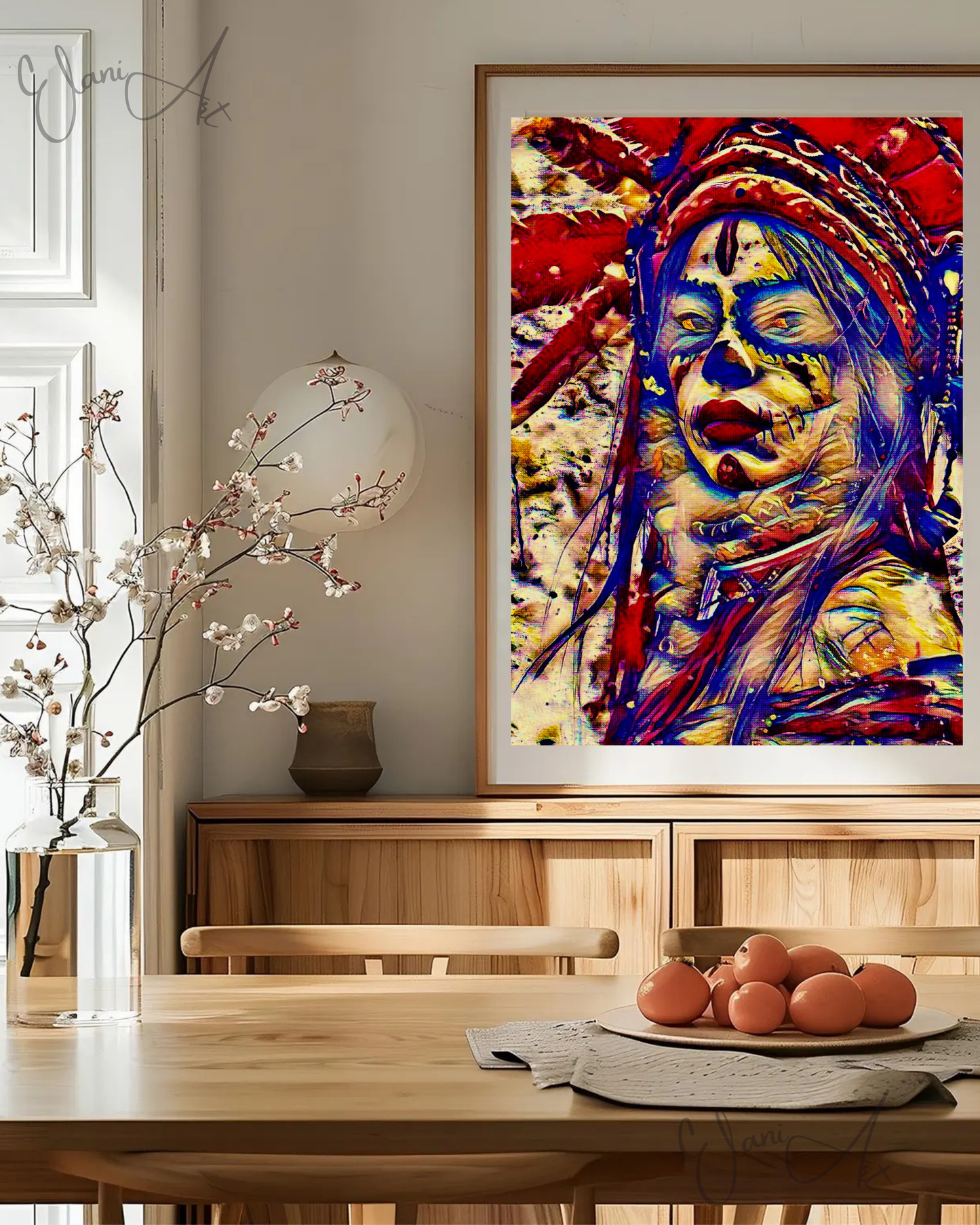 TRIBAL - An Original Vibrant Red Tribal Spiritual Indigenous Woman in Feathered Headdress Red Lips Impressionistic Artwork Print by ElaniArt