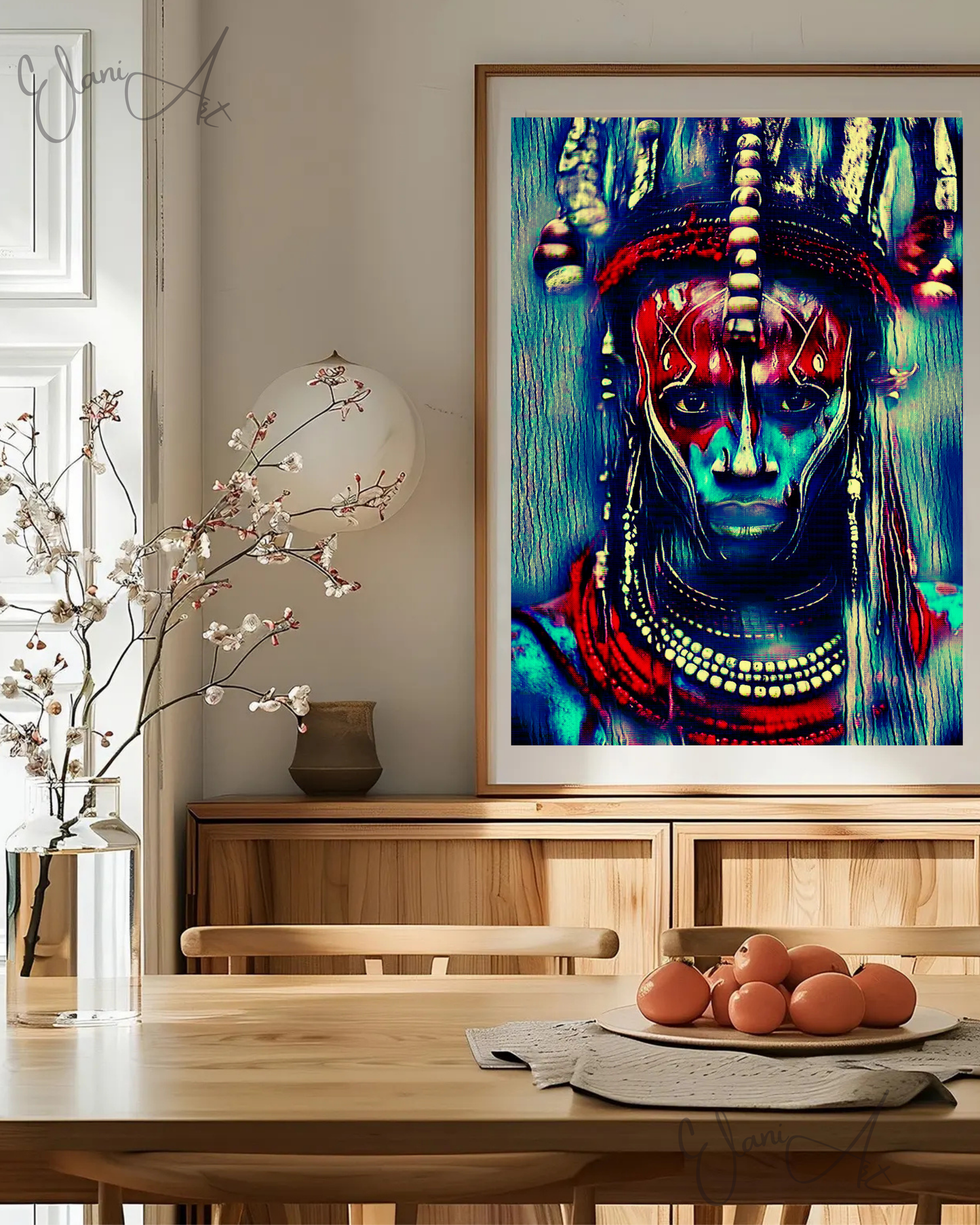 HABARI - An Original Vibrant Blue Red 19th Century Tribal Warrior African Man Portraiture Impressionistic Wall Artwork Print by ElaniArt