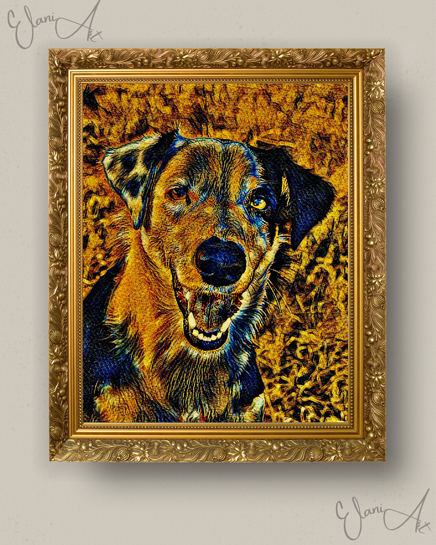 RUFUS - An Original Vibrant Brown Black Dog Pet Close-Up Portrait Open-Mouthed Happy Animal Impressionistic Wall Artwork Print by ElaniArt