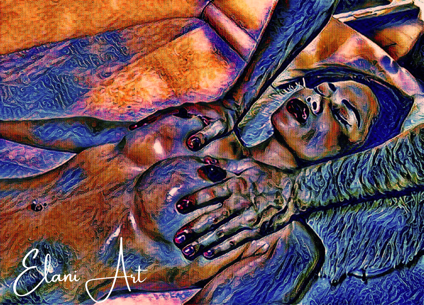 THE MASSAGE - An Original Vibrant Blue Colorful Erotic Nude Woman Getting a Massage Impressionistic Artwork Print - Erotic Art by ElaniArt