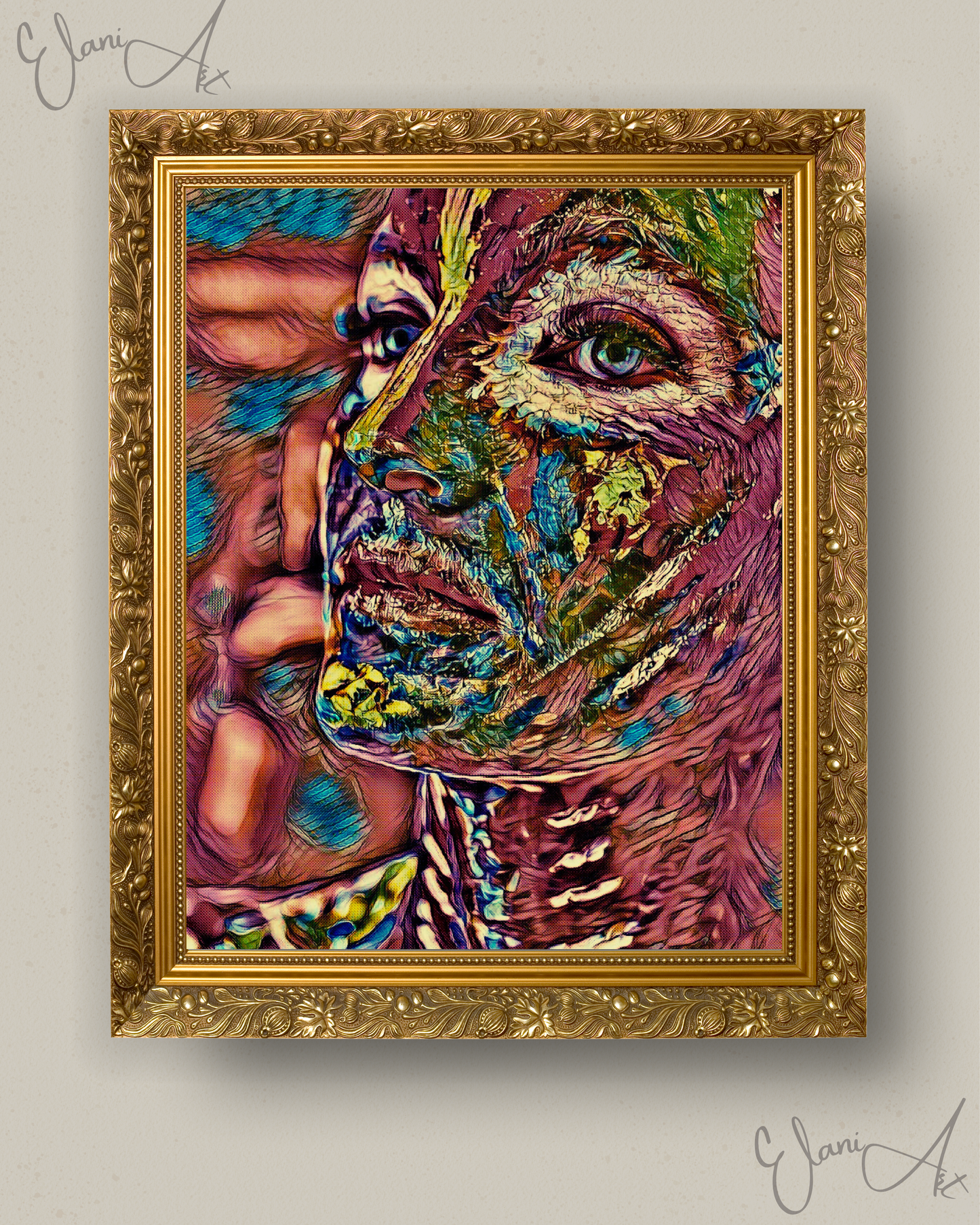 FEATHERED FRIEND - An Original Vibrant Pink Colorful Woman Feathered Face Portrait Blue Eyes Impressionistic Wall Artwork Print by ElaniArt