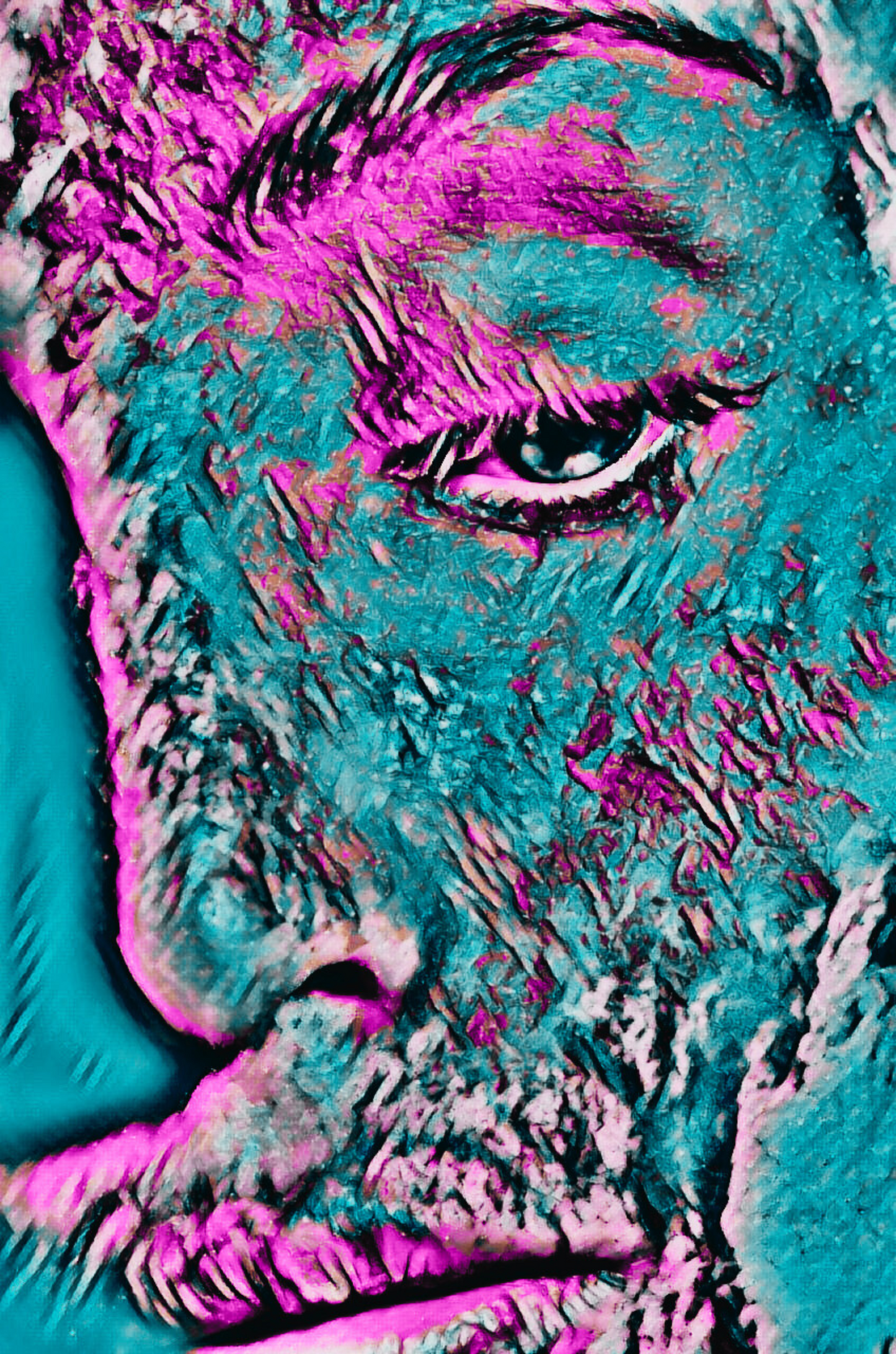 ABOUT FACE - An Original Vibrant Pink Blue Colorful Woman Half-Face Portrait Looking Downward Impressionistic Wall Artwork Print by ElaniArt