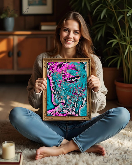 ABOUT FACE - An Original Vibrant Pink Blue Colorful Woman Half-Face Portrait Looking Downward Impressionistic Wall Artwork Print by ElaniArt