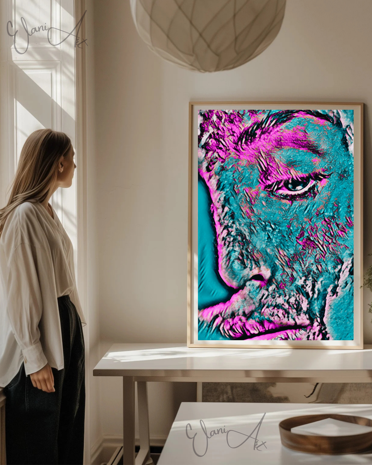 ABOUT FACE - An Original Vibrant Pink Blue Colorful Woman Half-Face Portrait Looking Downward Impressionistic Wall Artwork Print by ElaniArt