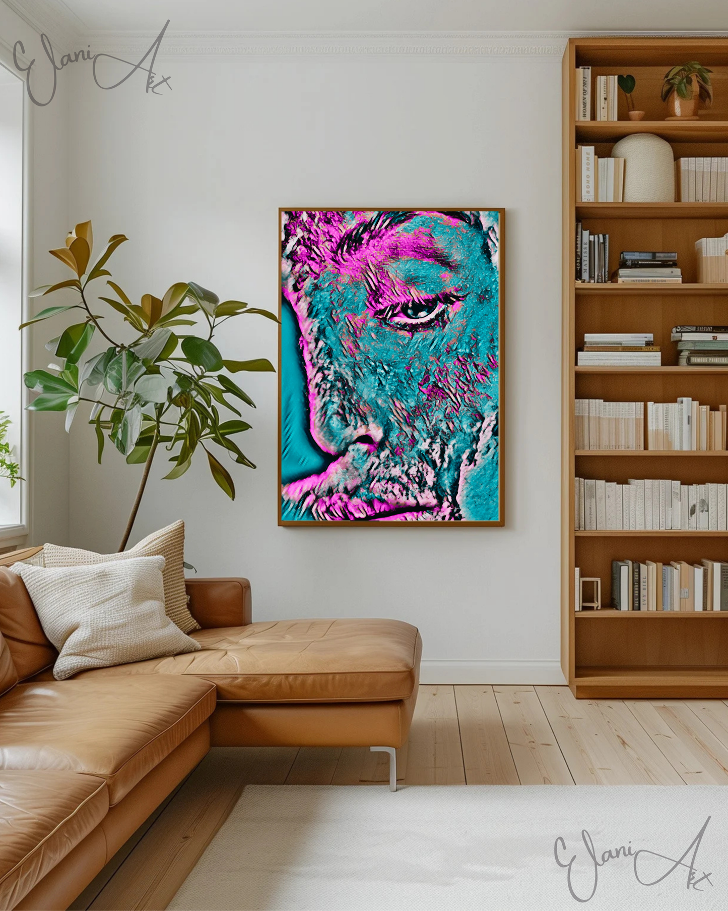ABOUT FACE - An Original Vibrant Pink Blue Colorful Woman Half-Face Portrait Looking Downward Impressionistic Wall Artwork Print by ElaniArt
