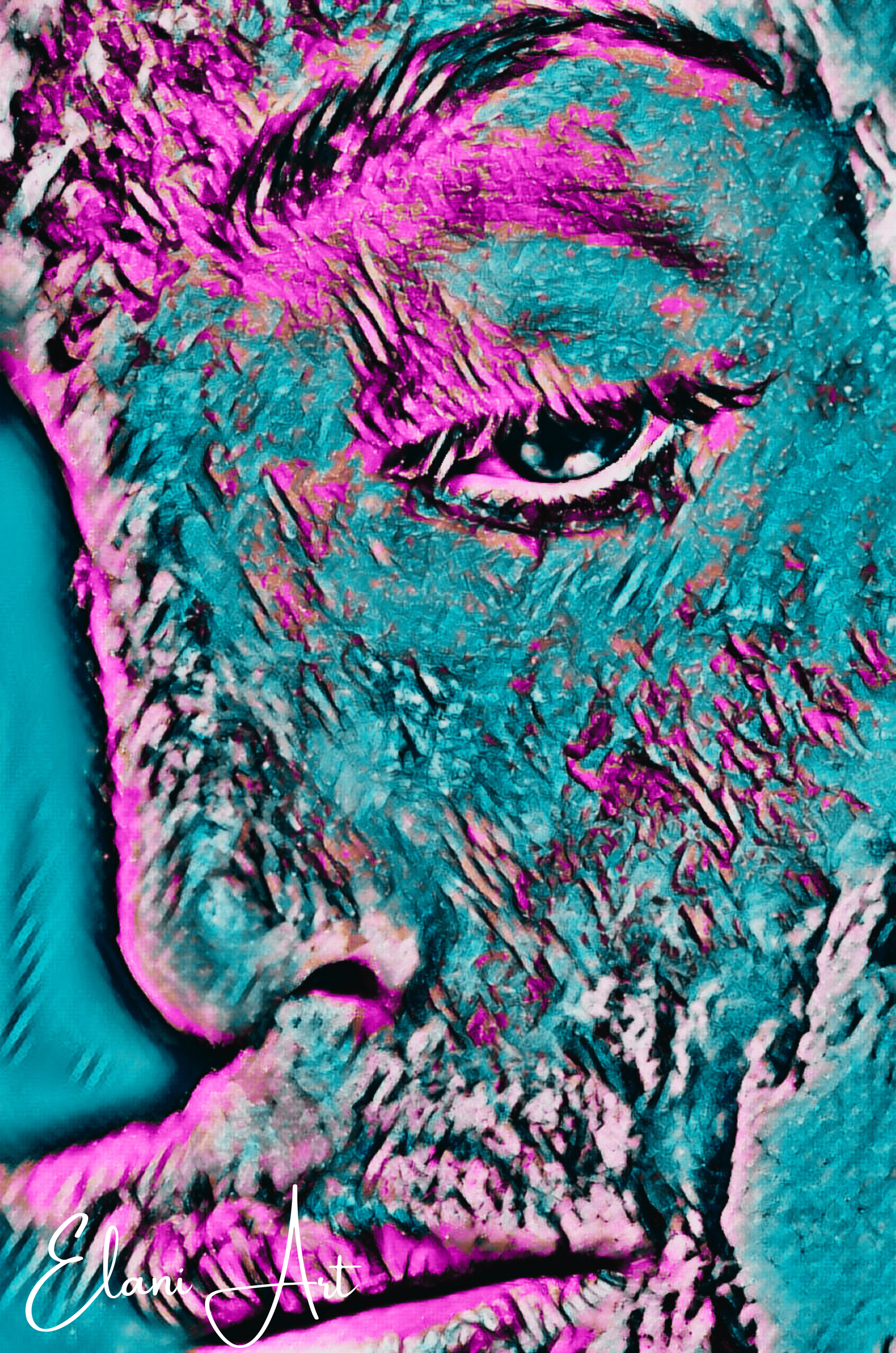 ABOUT FACE - An Original Vibrant Pink Blue Colorful Woman Half-Face Portrait Looking Downward Impressionistic Wall Artwork Print by ElaniArt