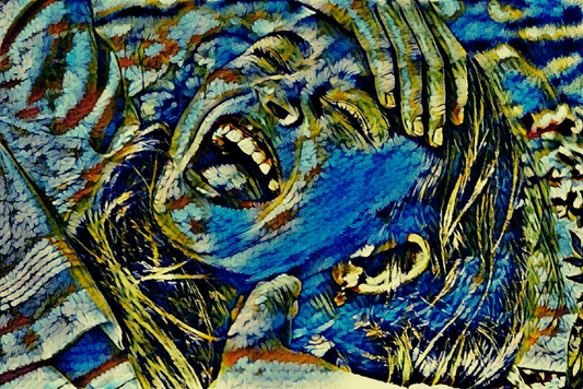 AMUSING - An Original Vibrant Blue Colorful Woman Laughing Hand on Head Open-Mouth Eyes Closed Impressionistic Artwork Print by ElaniArt