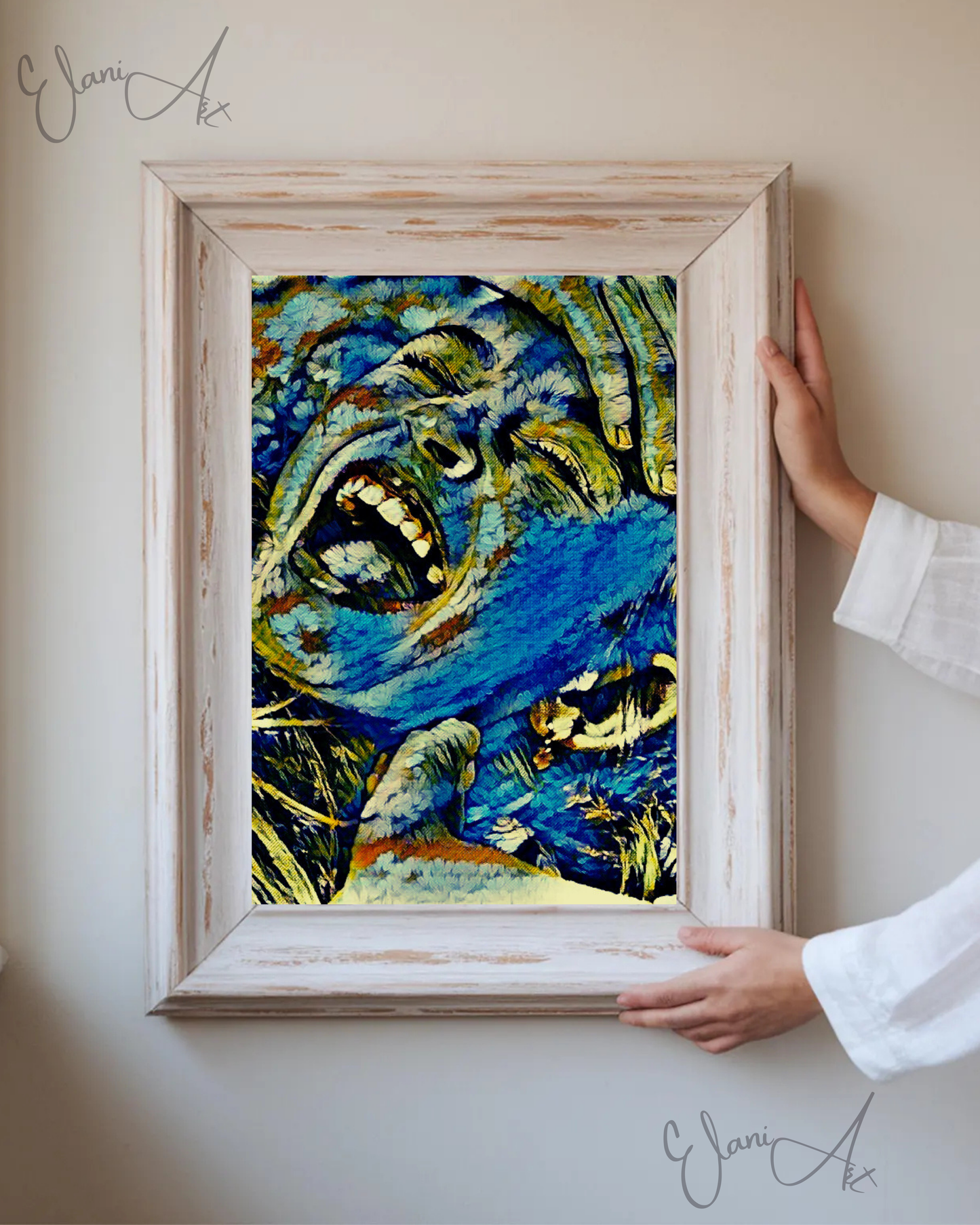 AMUSING - An Original Vibrant Blue Colorful Woman Laughing Hand on Head Open-Mouth Eyes Closed Impressionistic Artwork Print by ElaniArt