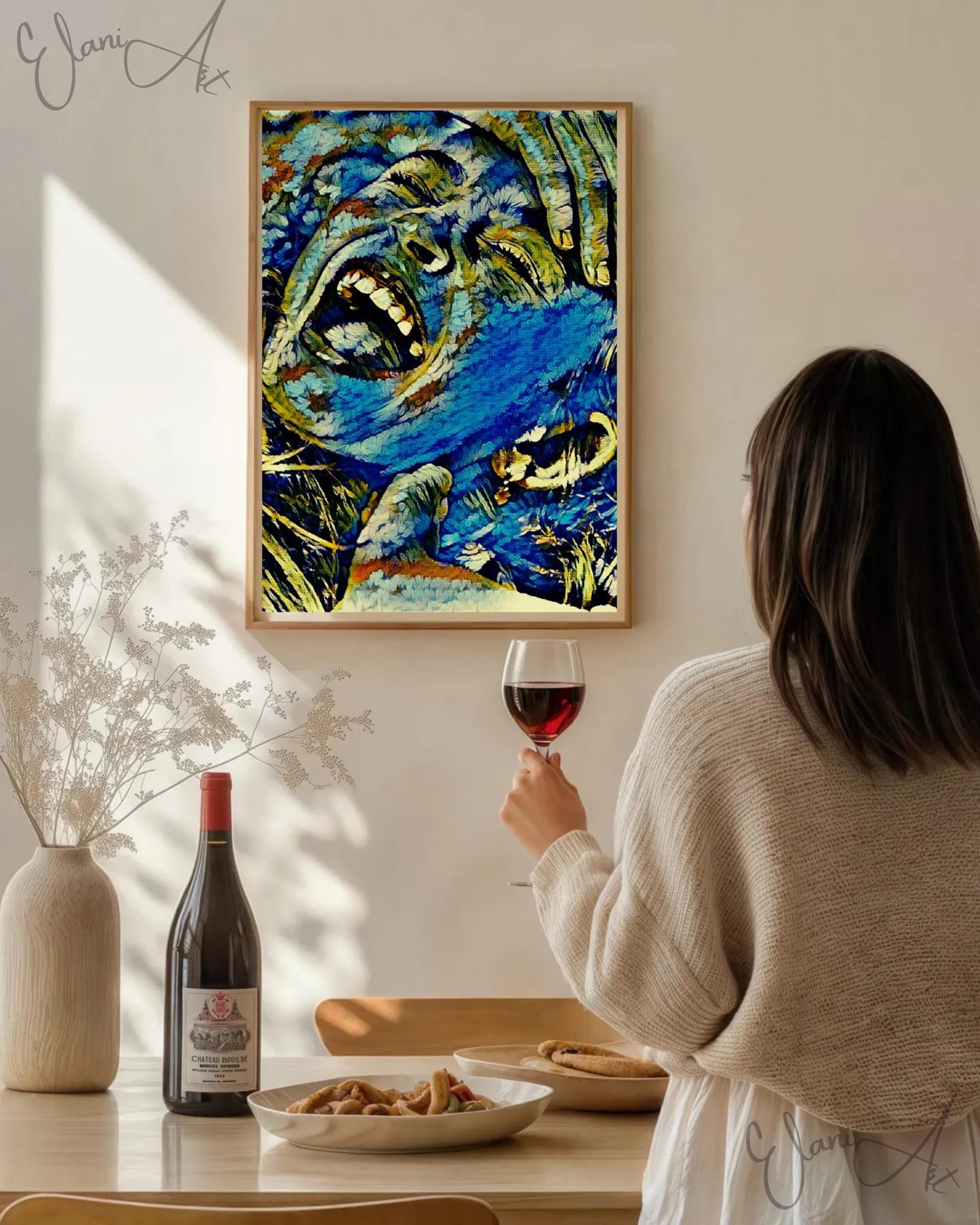 AMUSING - An Original Vibrant Blue Colorful Woman Laughing Hand on Head Open-Mouth Eyes Closed Impressionistic Artwork Print by ElaniArt