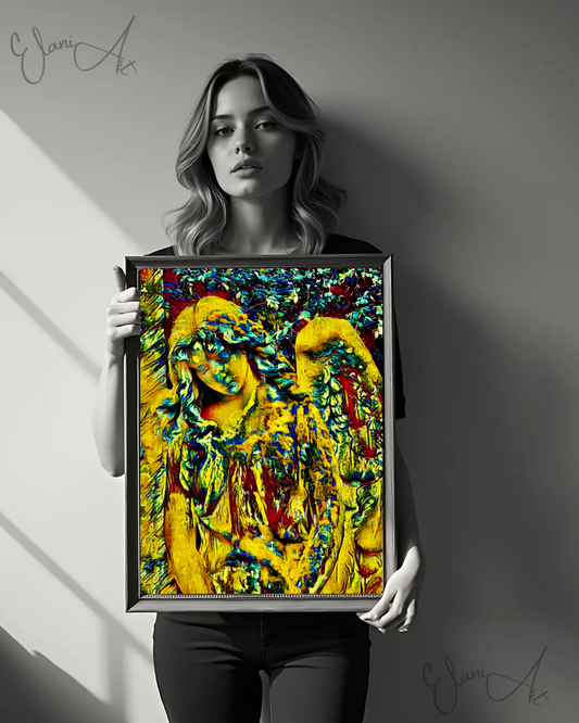 AN ANGEL - An Original Vivid Gold Blue Colorful Angel in the Garden Statuesque Wings Portrait Impressionistic Wall Artwork Print by ElaniArt