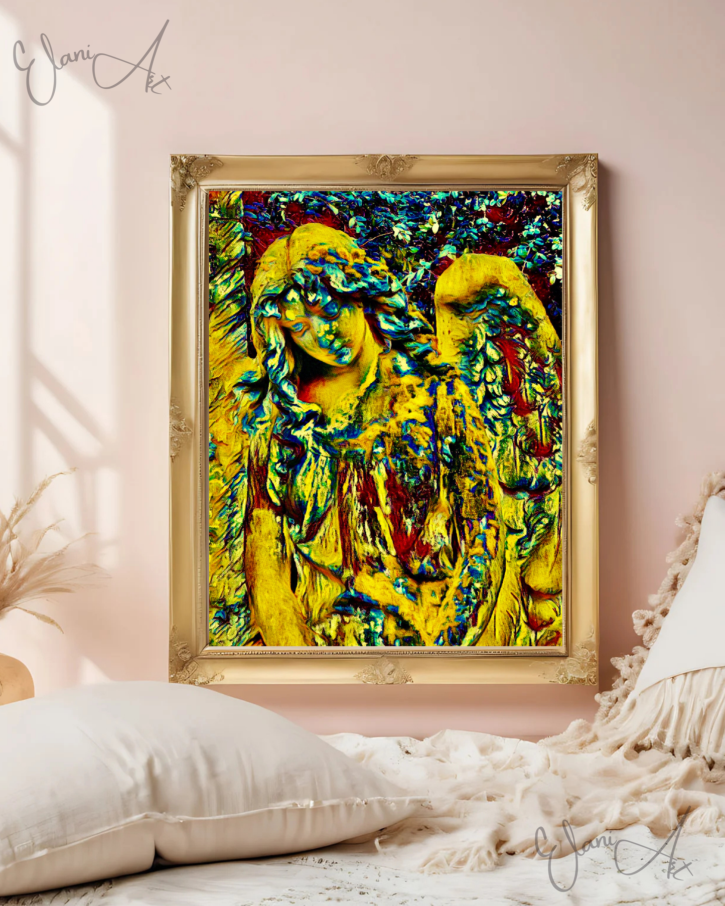 AN ANGEL - An Original Vivid Gold Blue Colorful Angel in the Garden Statuesque Wings Portrait Impressionistic Wall Artwork Print by ElaniArt